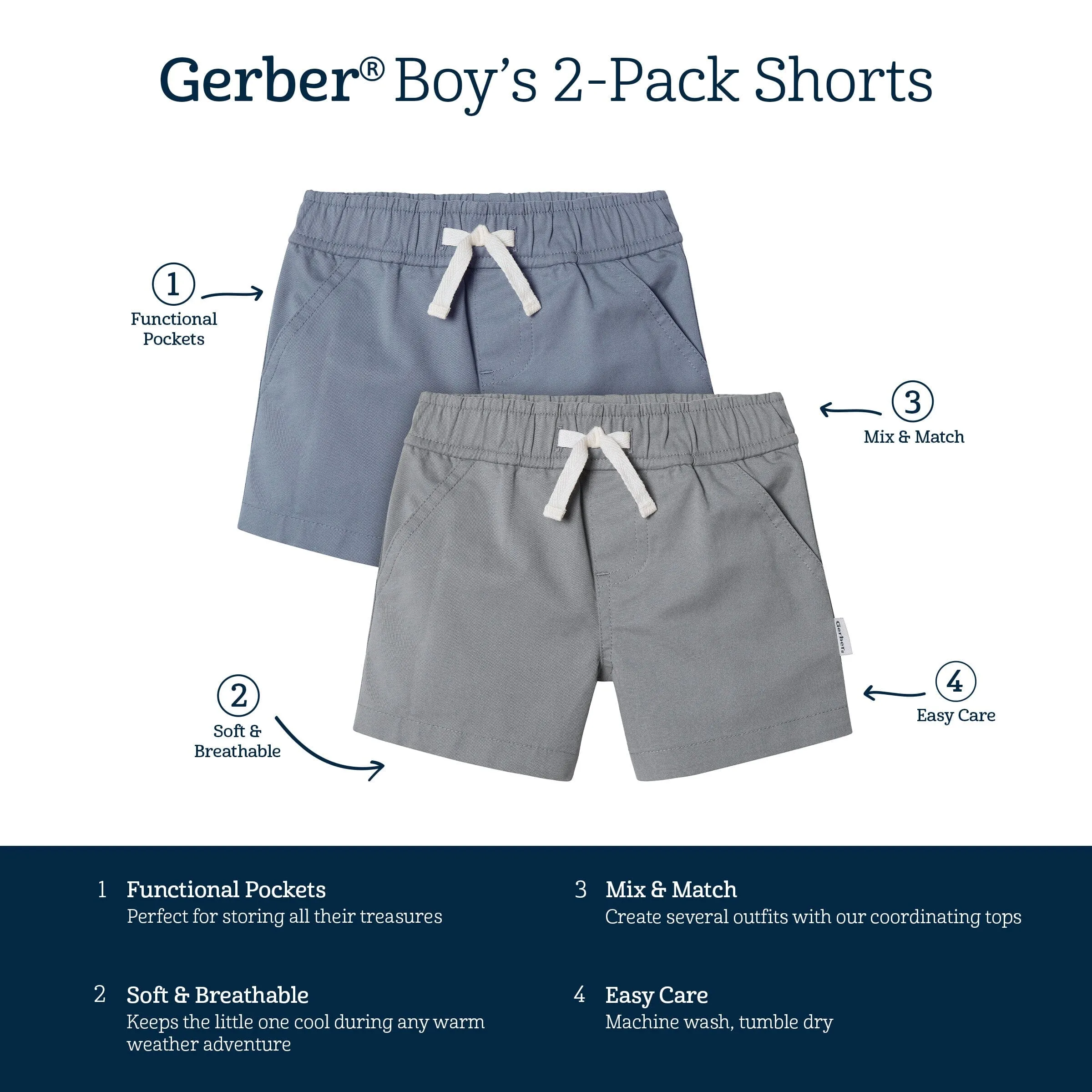 2-Pack Baby & Toddler Boys Grey and Blue Twill Shorts Gerber Childrenswea