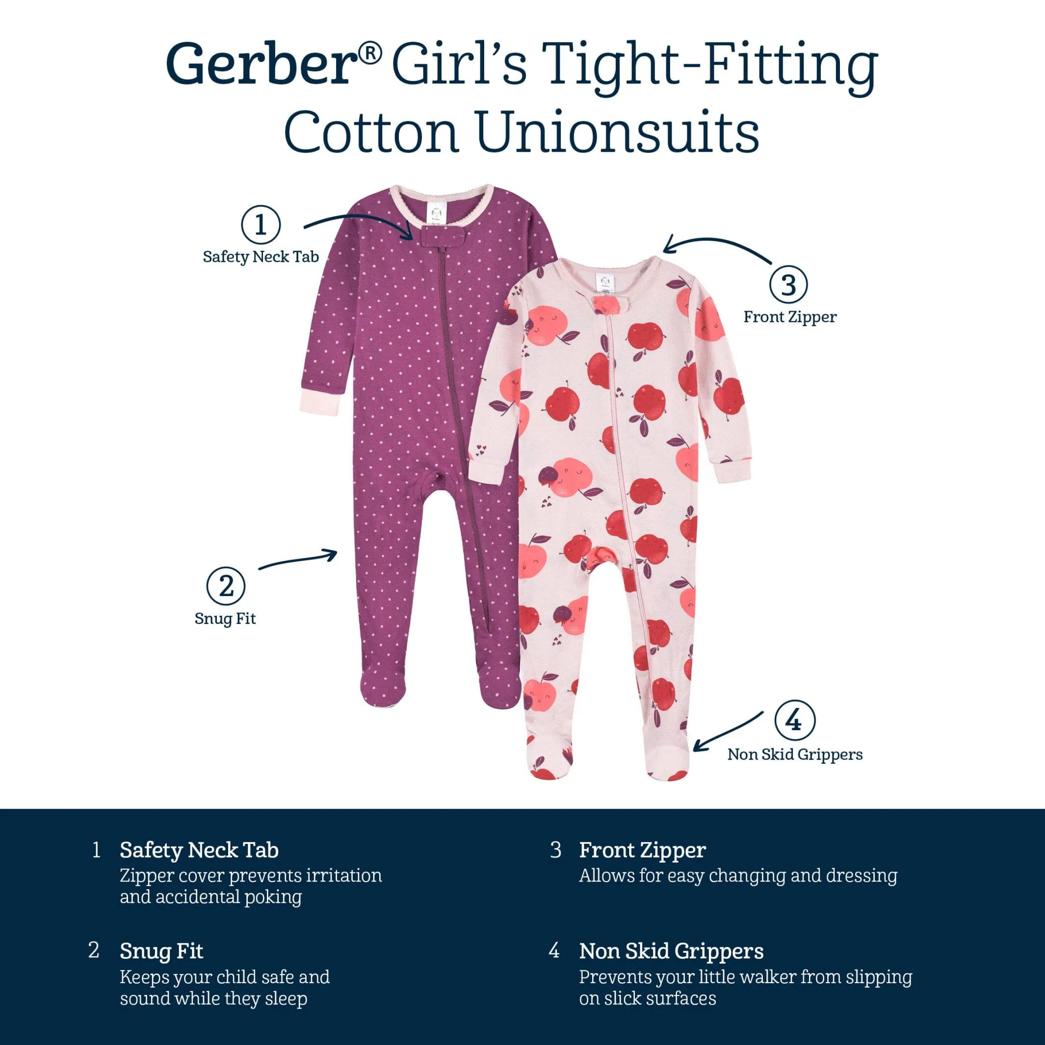2-Pack Baby & Toddler Girls Apple Bouquets Snug Fit Footed Cotton Pajamas Gerber Childrenswea