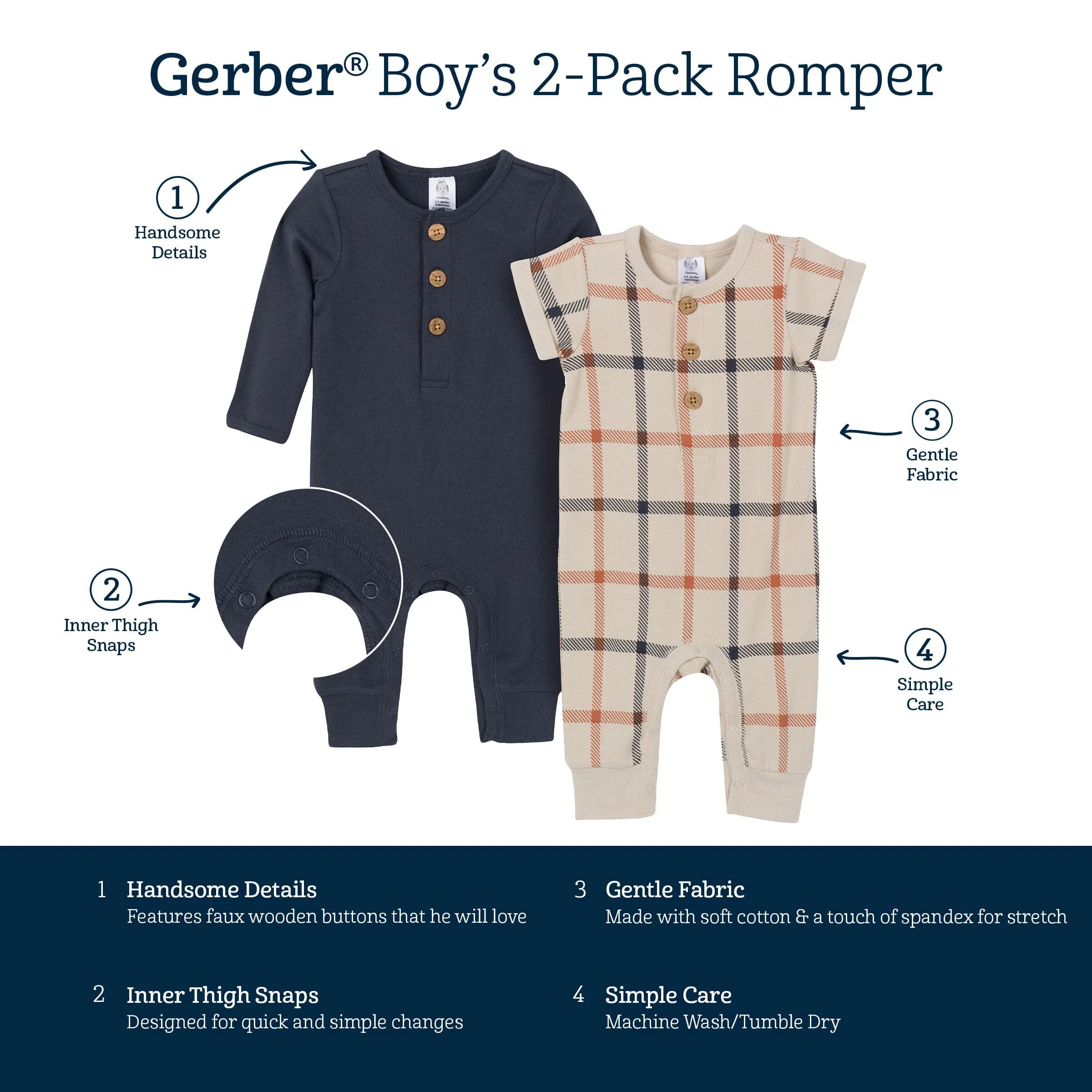 2-Pack Baby Boys Plaid & Navy Rompers Gerber Childrenswea