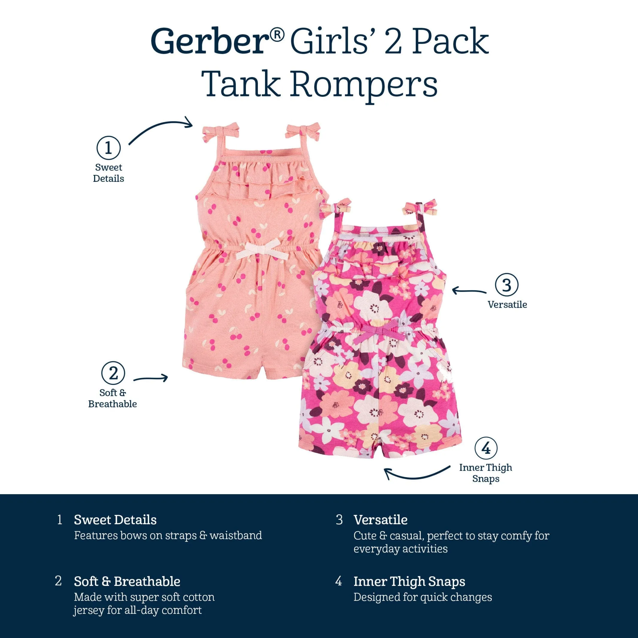 2-Pack Baby Girls Cherry Blossom Tank Rompers Gerber Childrenswea