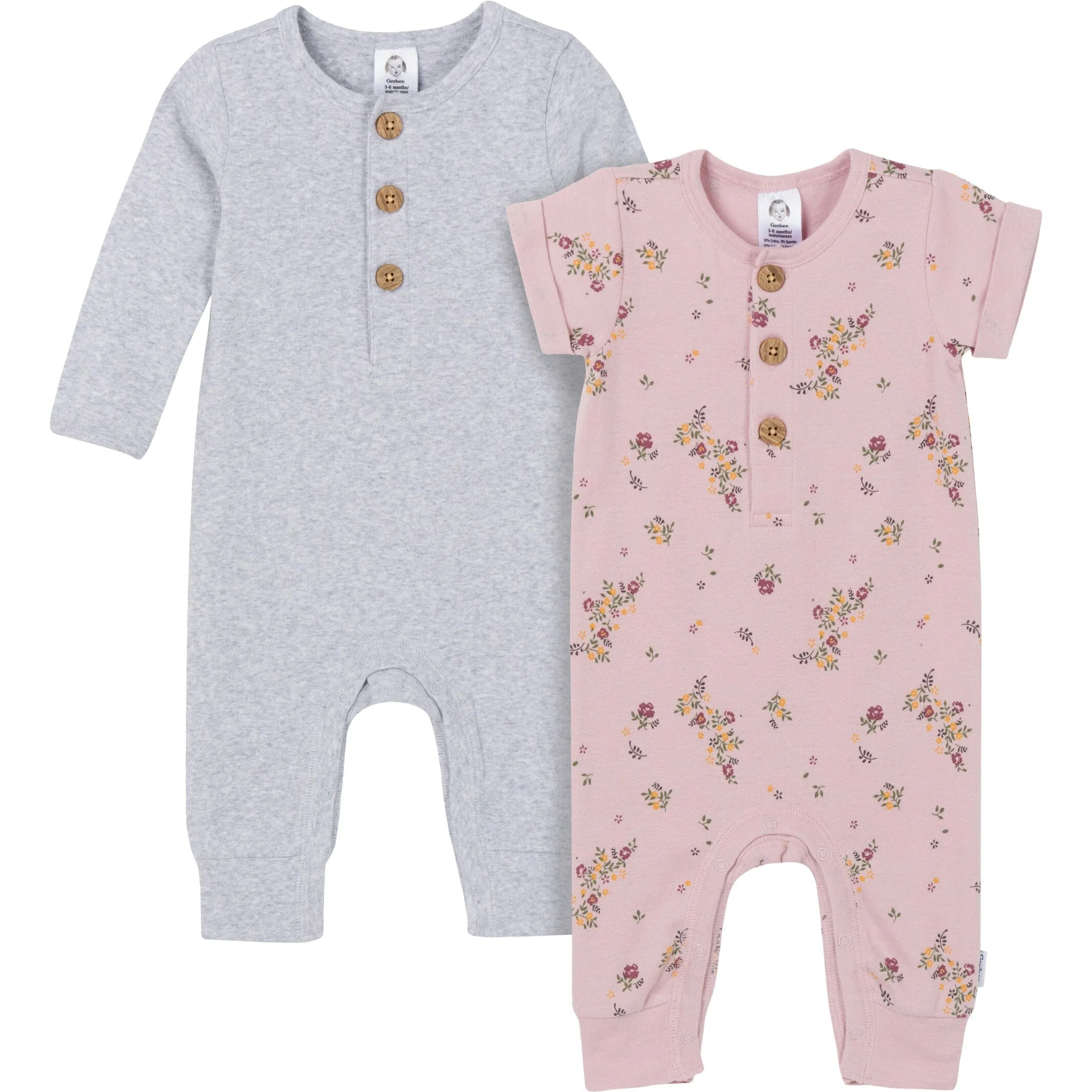 2-Pack Baby Girls Floral & Gray Rompers Gerber Childrenswea