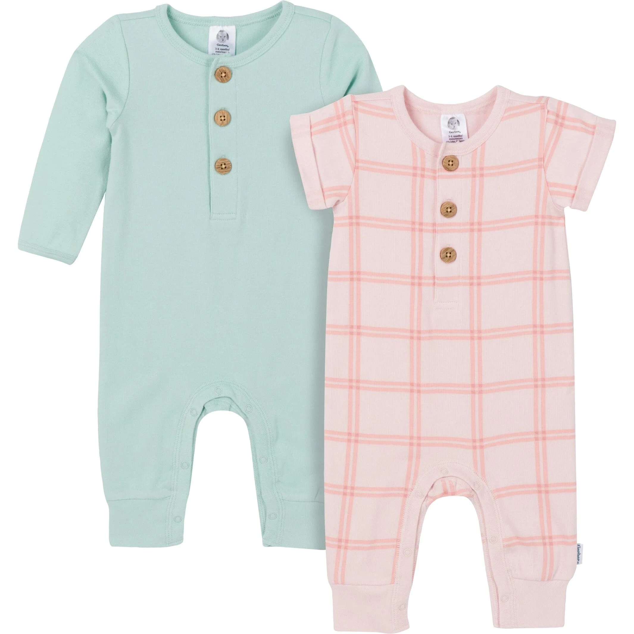 2-Pack Baby Girls Pink Plaid & Green Rompers Gerber Childrenswea