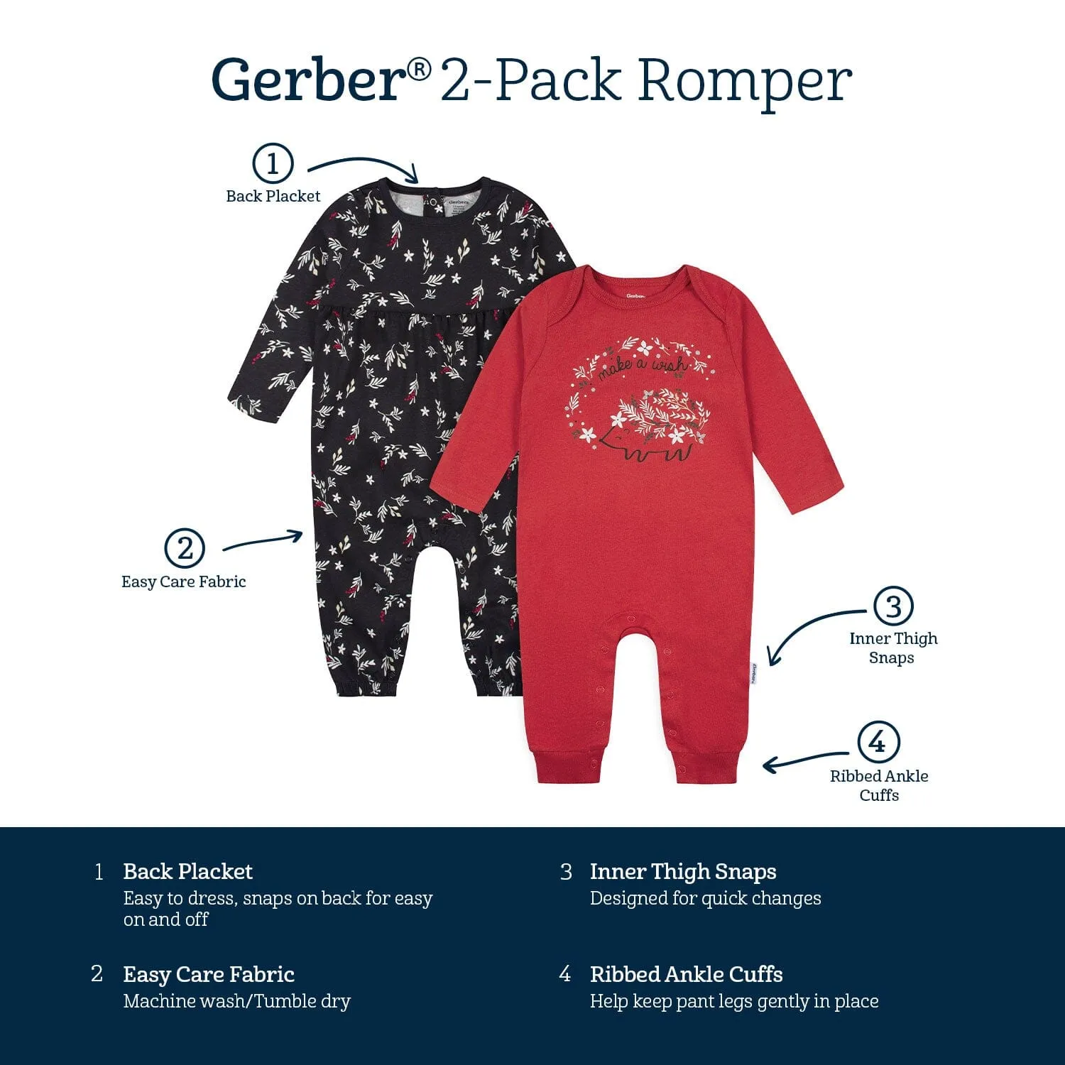 2-Pack Baby Girls Wish & Leaves Rompers Gerber Childrenswea