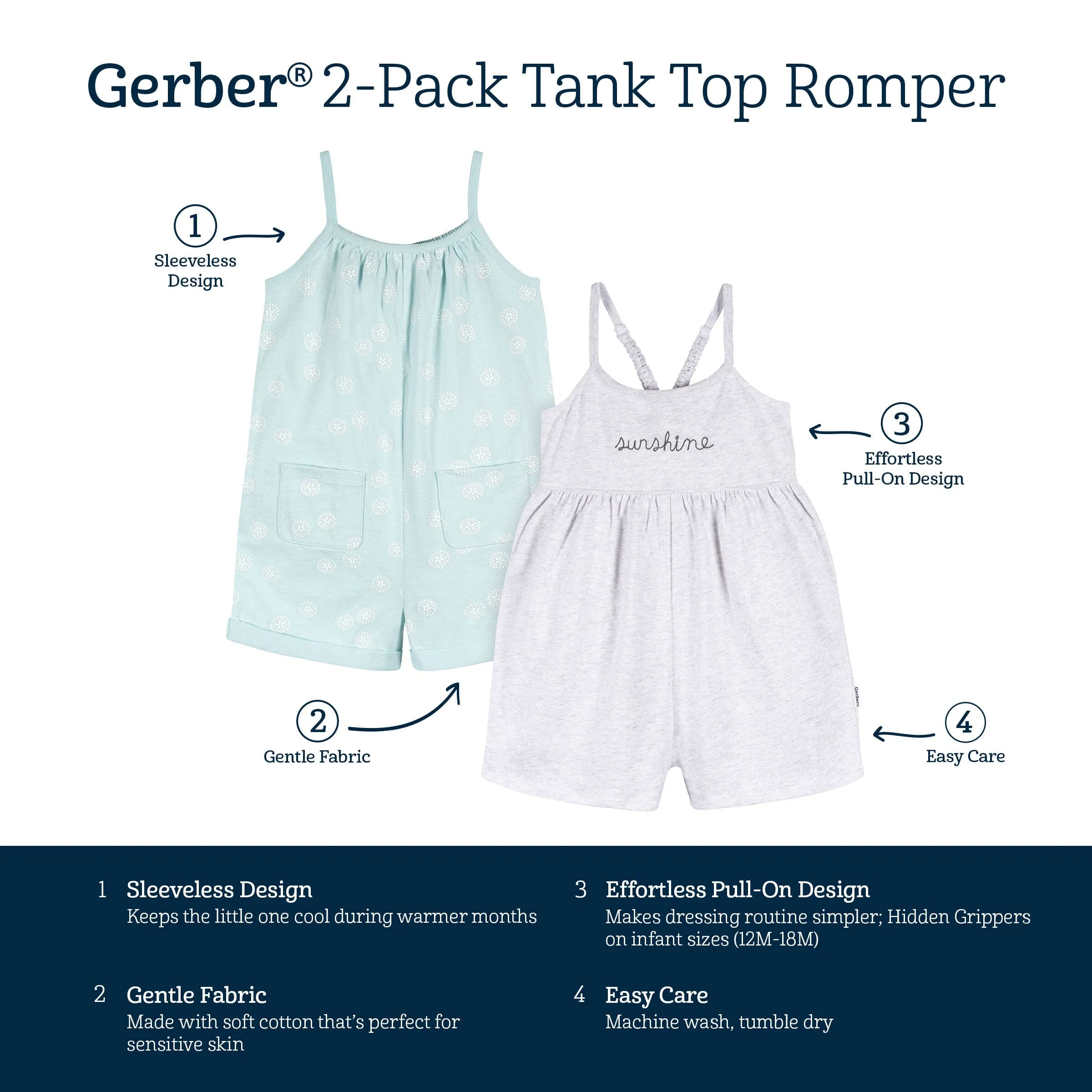 2-Pack Infant and Toddler Girls Light Grey Heather & Sand Dollars Rompers Gerber Childrenswea