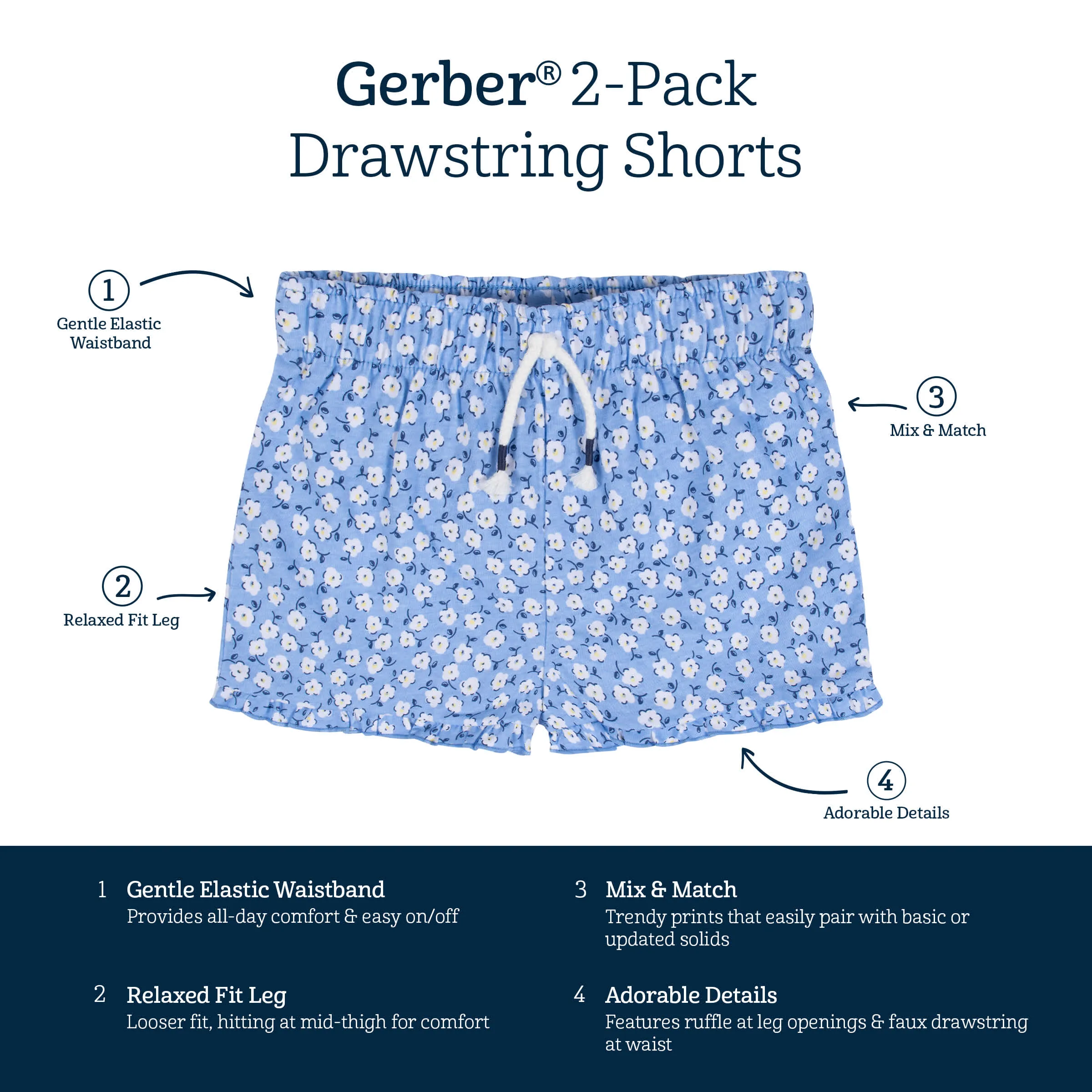 2-Pack Infant Girls Blue Floral Pull-On Shorts Gerber Childrenswea