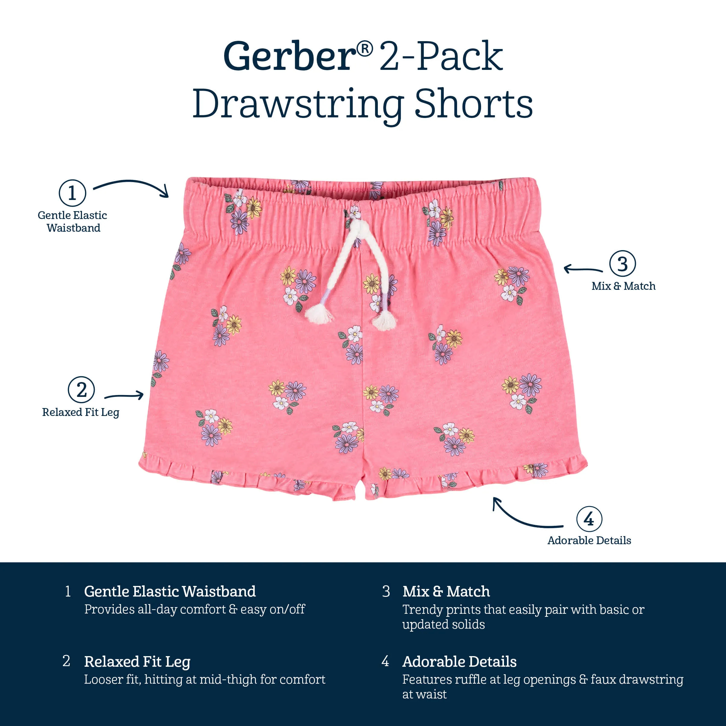 2-Pack Infant Girls Pink Floral Pull-On Shorts Gerber Childrenswea