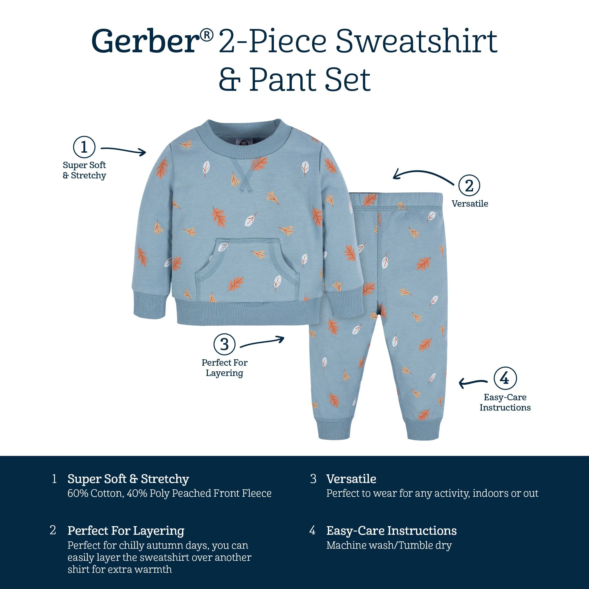 2-Piece Baby & Toddler Boys Blue Leaves Sweatshirt & Pant Set Gerber Childrenswea