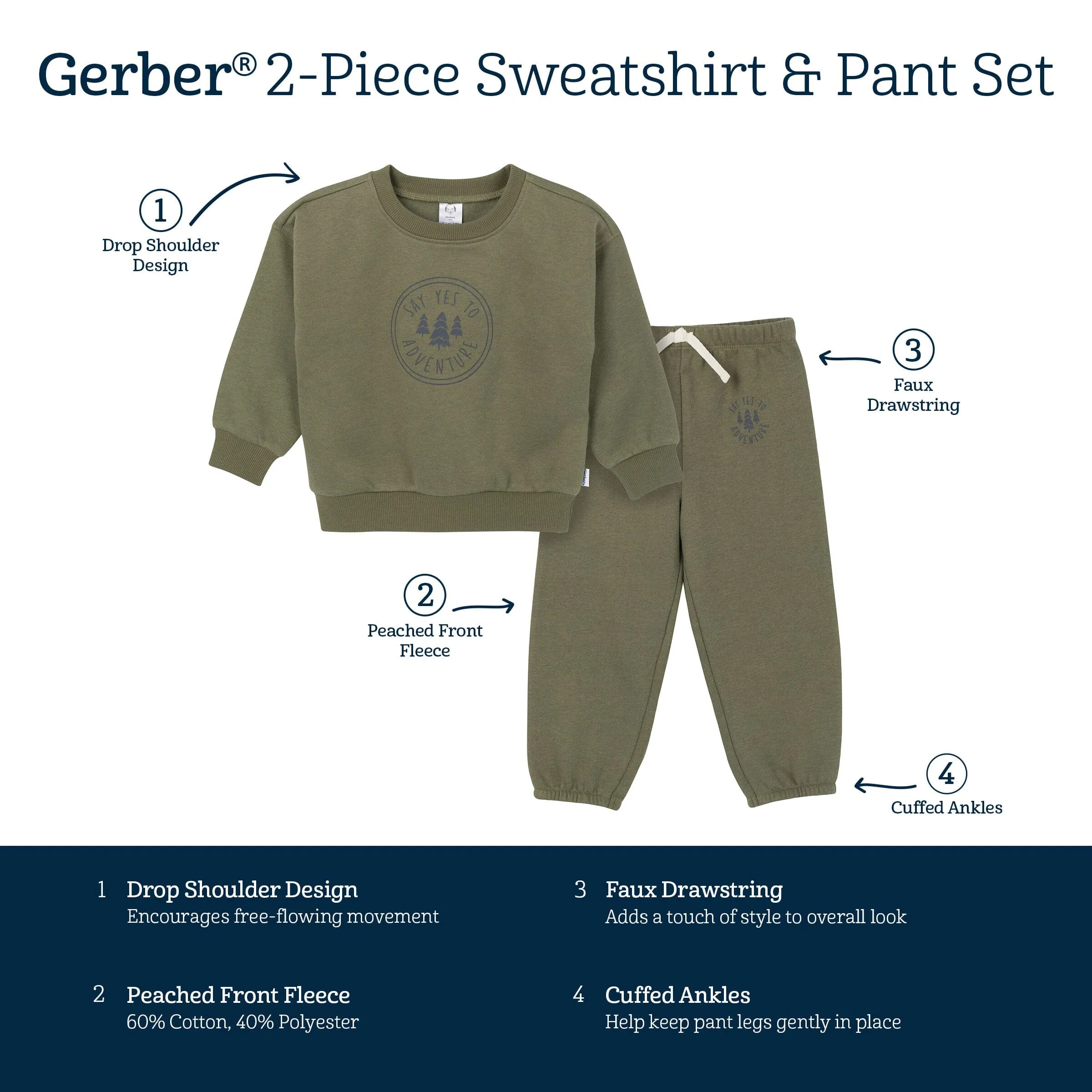 2-Piece Baby & Toddler Boys Olive Adventure Sweatshirt & Pant Set Gerber Childrenswea