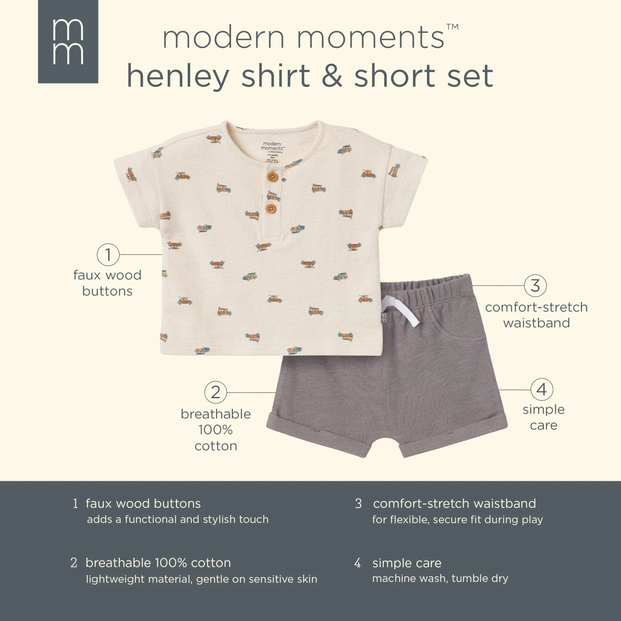 2-Piece Baby Boys Beach Buggys Henley Shirt and Shorts Set Gerber Childrenswea