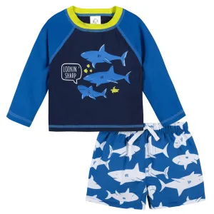 2-Piece Baby Boys UPF 50  Shark Zone Rash Guard & Swim Trunks Set Gerber Childrenswea