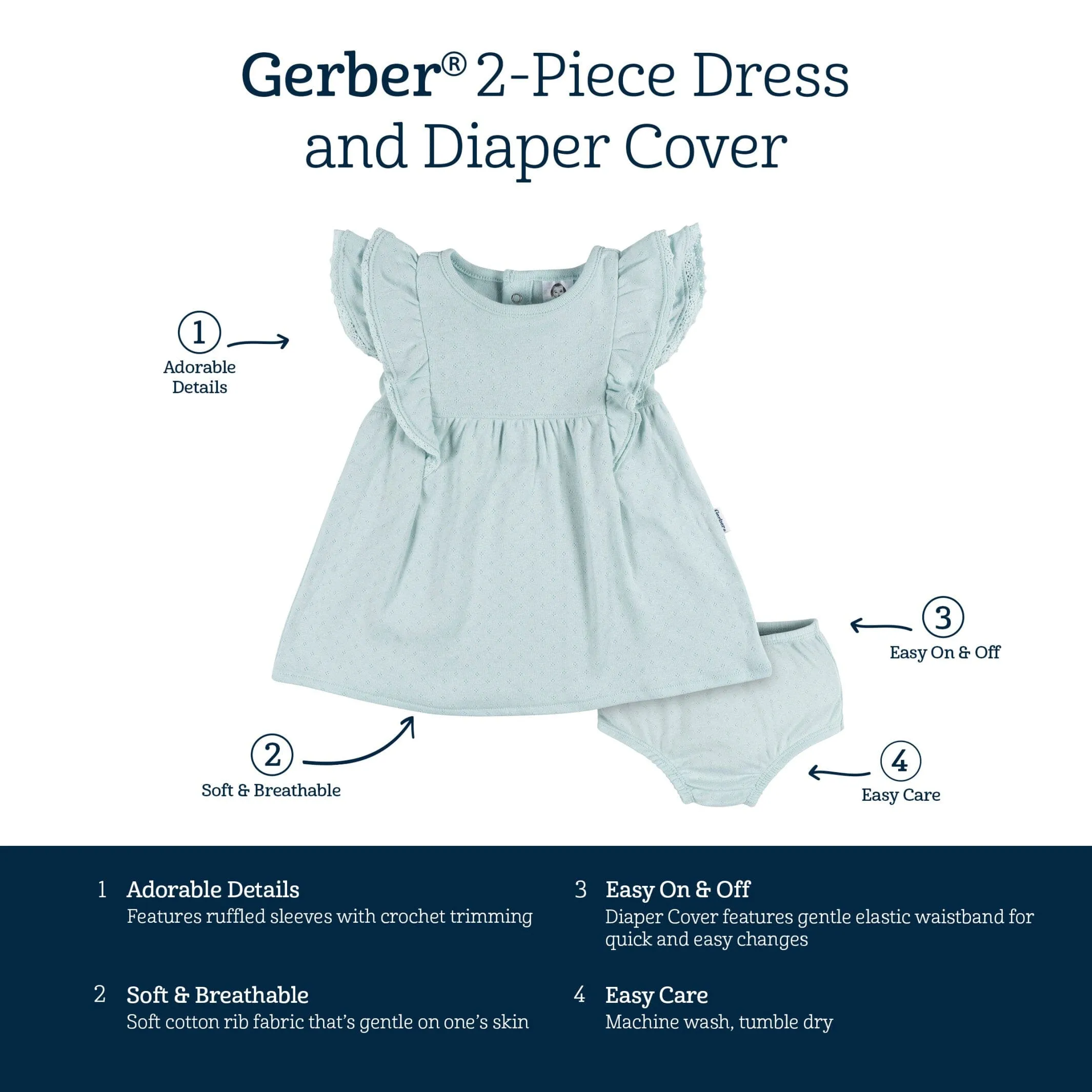 2-Piece Baby Girls Aqua Blue Dress & Diaper Cover Set Gerber Childrenswea