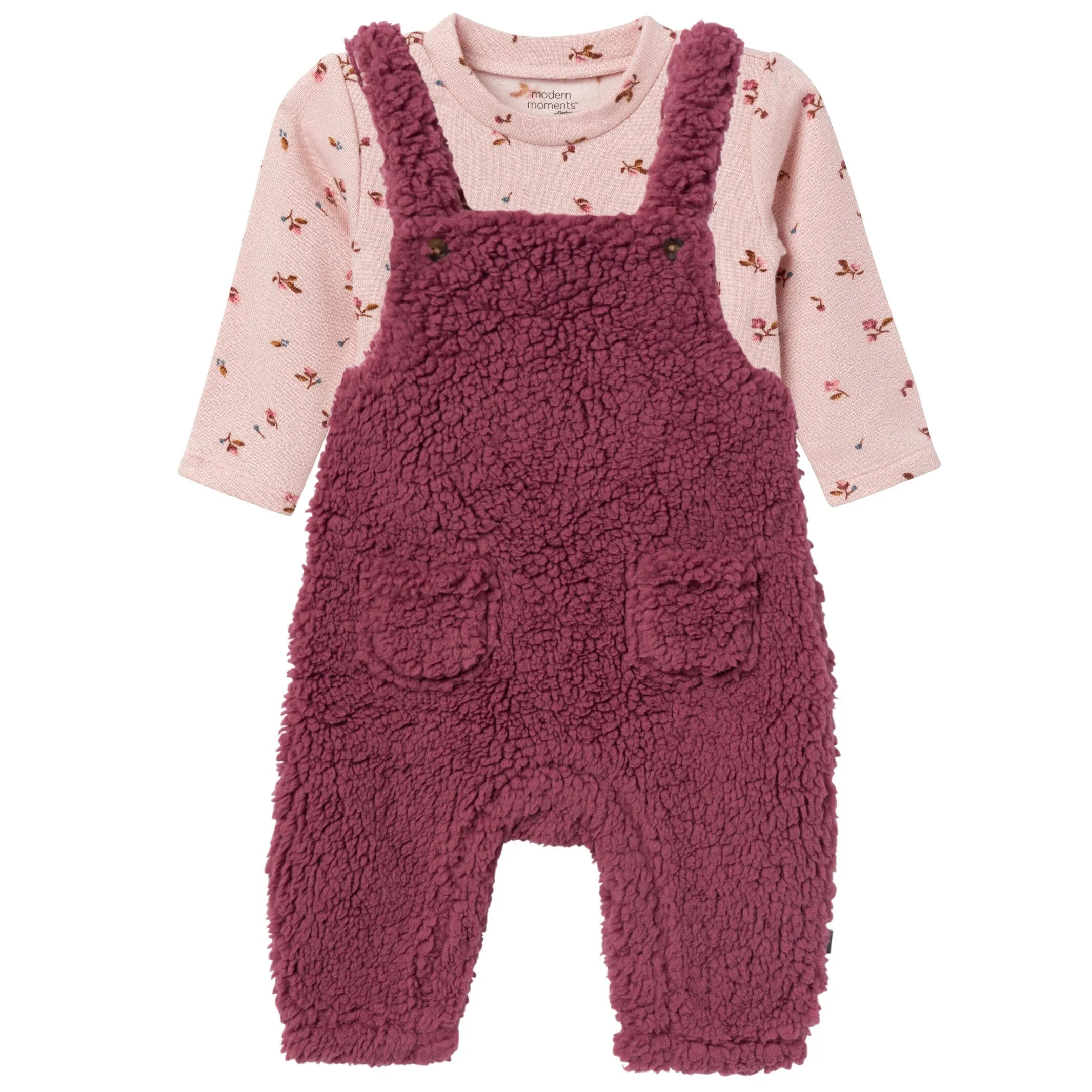 2-Piece Baby Girls Dark Rose Microplush Overalls Gerber Childrenswea