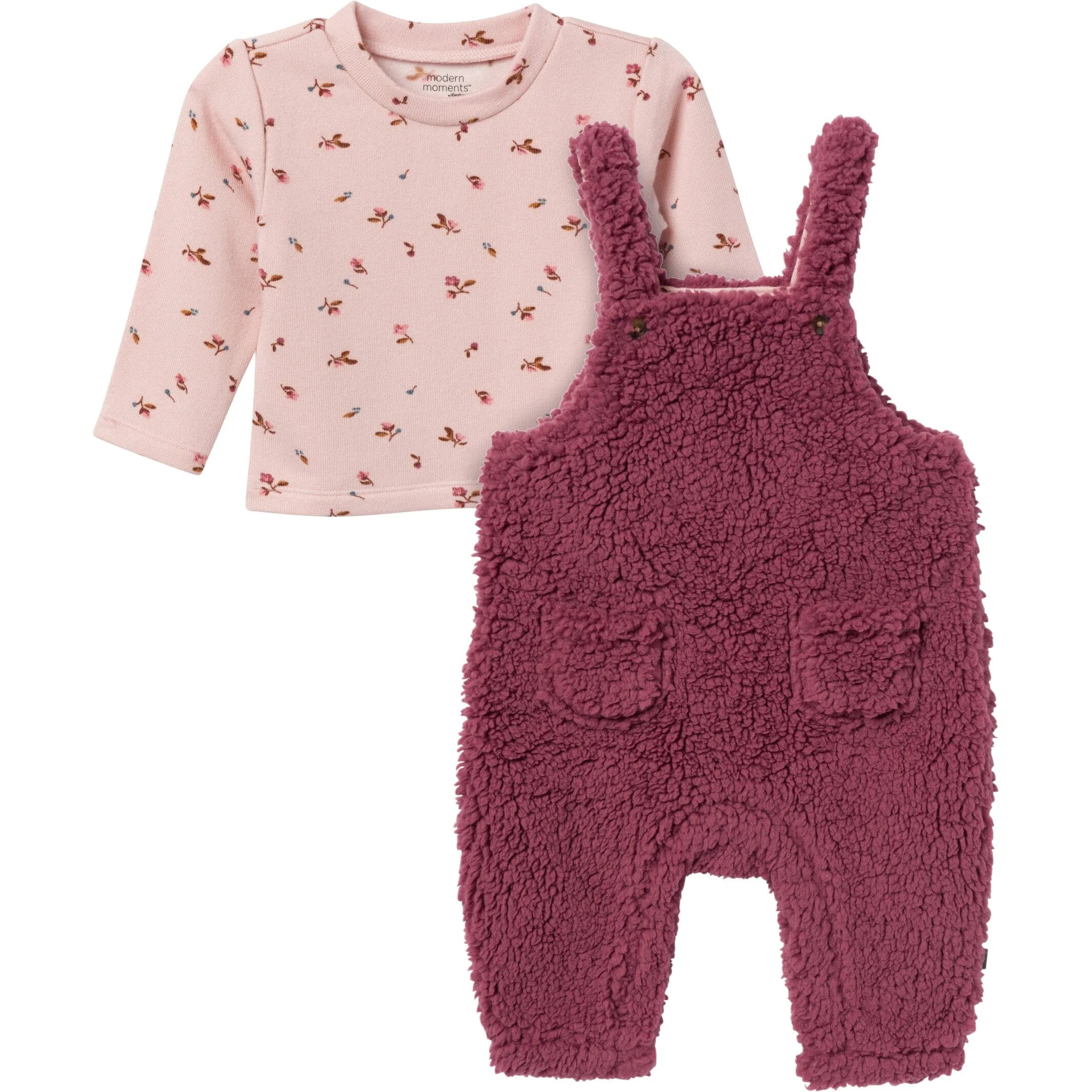 2-Piece Baby Girls Dark Rose Microplush Overalls Gerber Childrenswea