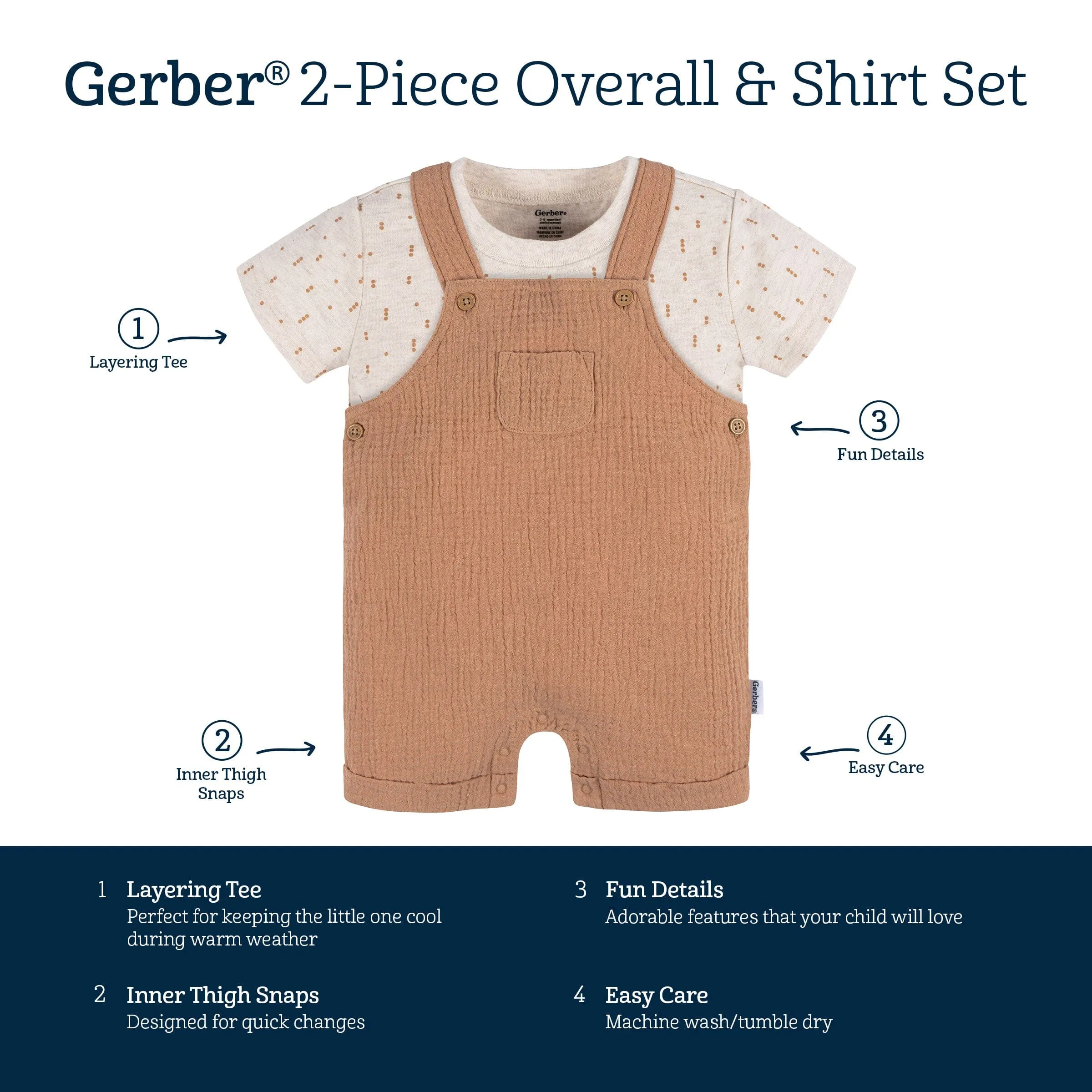 2-Piece Baby Neutral Dots Cotton Gauze Overall Romper and T-Shirt Set Gerber Childrenswea