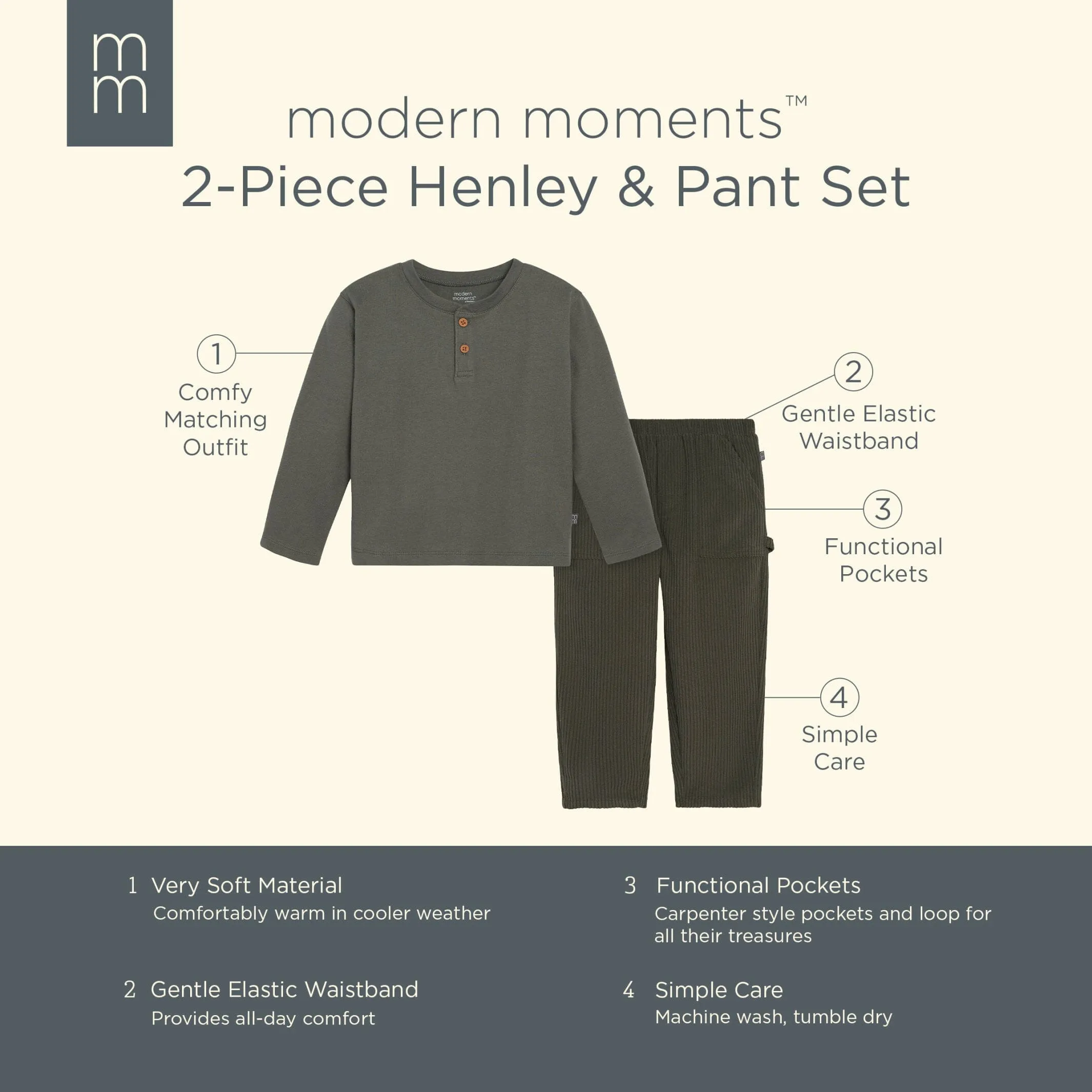 2-Piece Infant & Toddler Boys Dark Green Henley Shirt and Pant Set Gerber Childrenswea