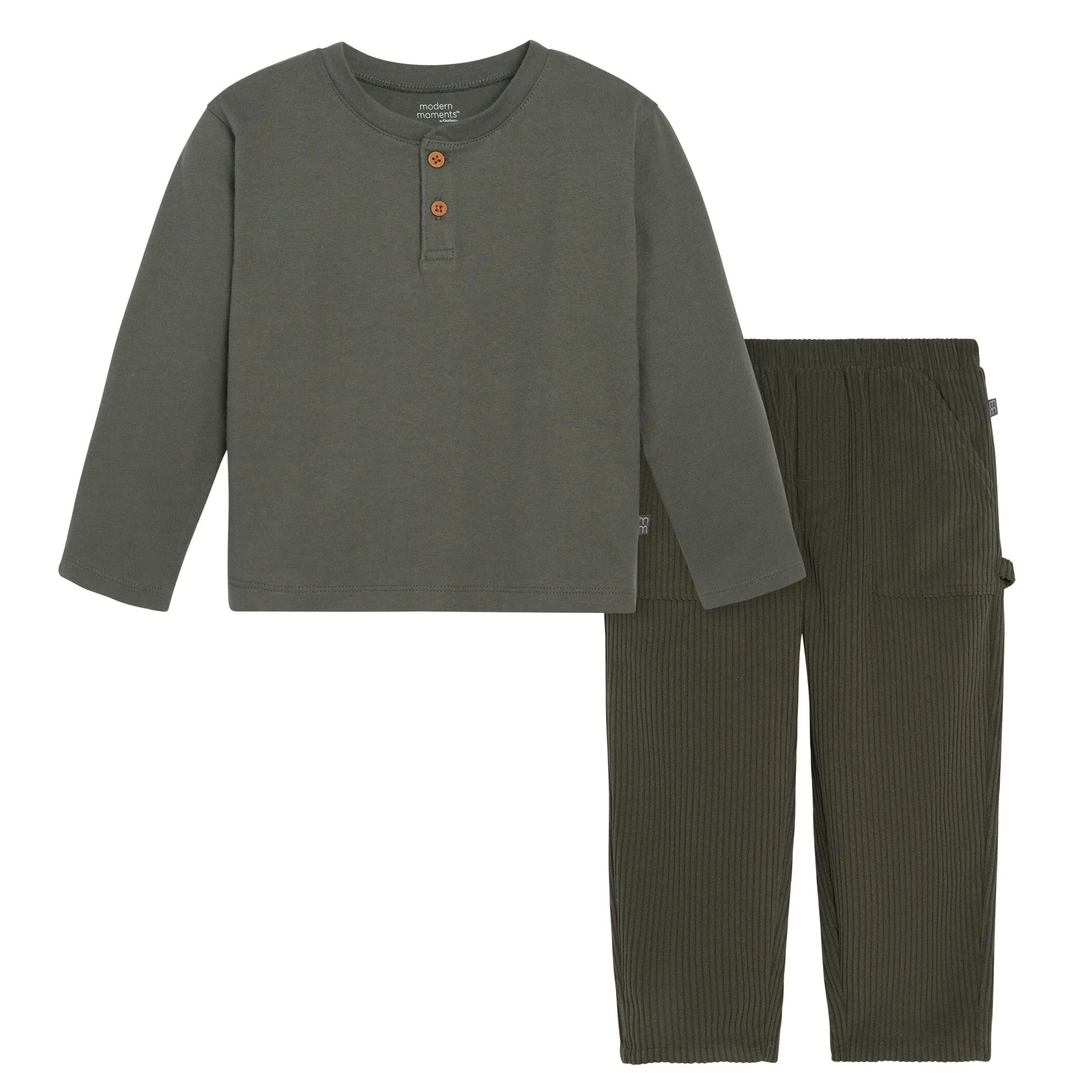 2-Piece Infant & Toddler Boys Dark Green Henley Shirt and Pant Set Gerber Childrenswea