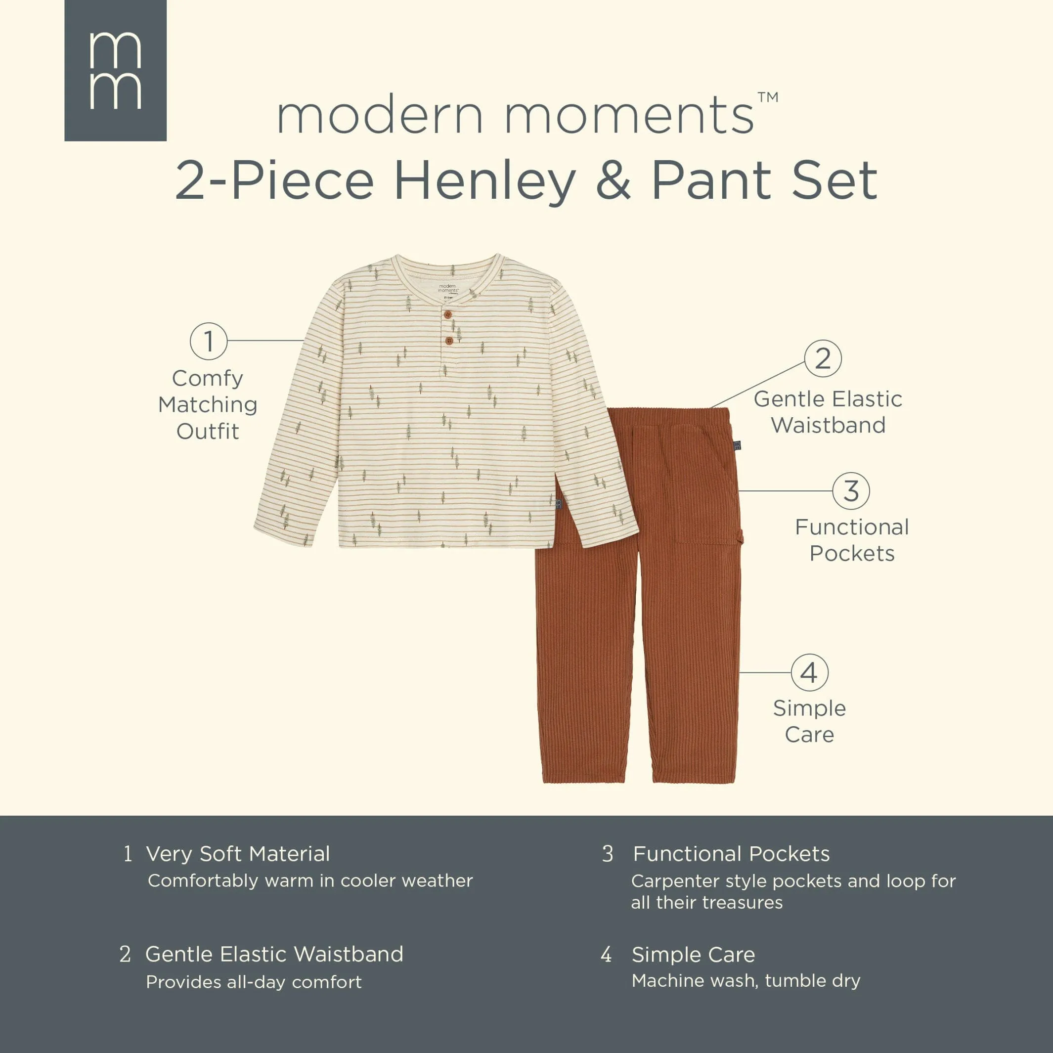 2-Piece Infant & Toddler Boys Light Beige Trees Henley Shirt and Pant Set Gerber Childrenswea