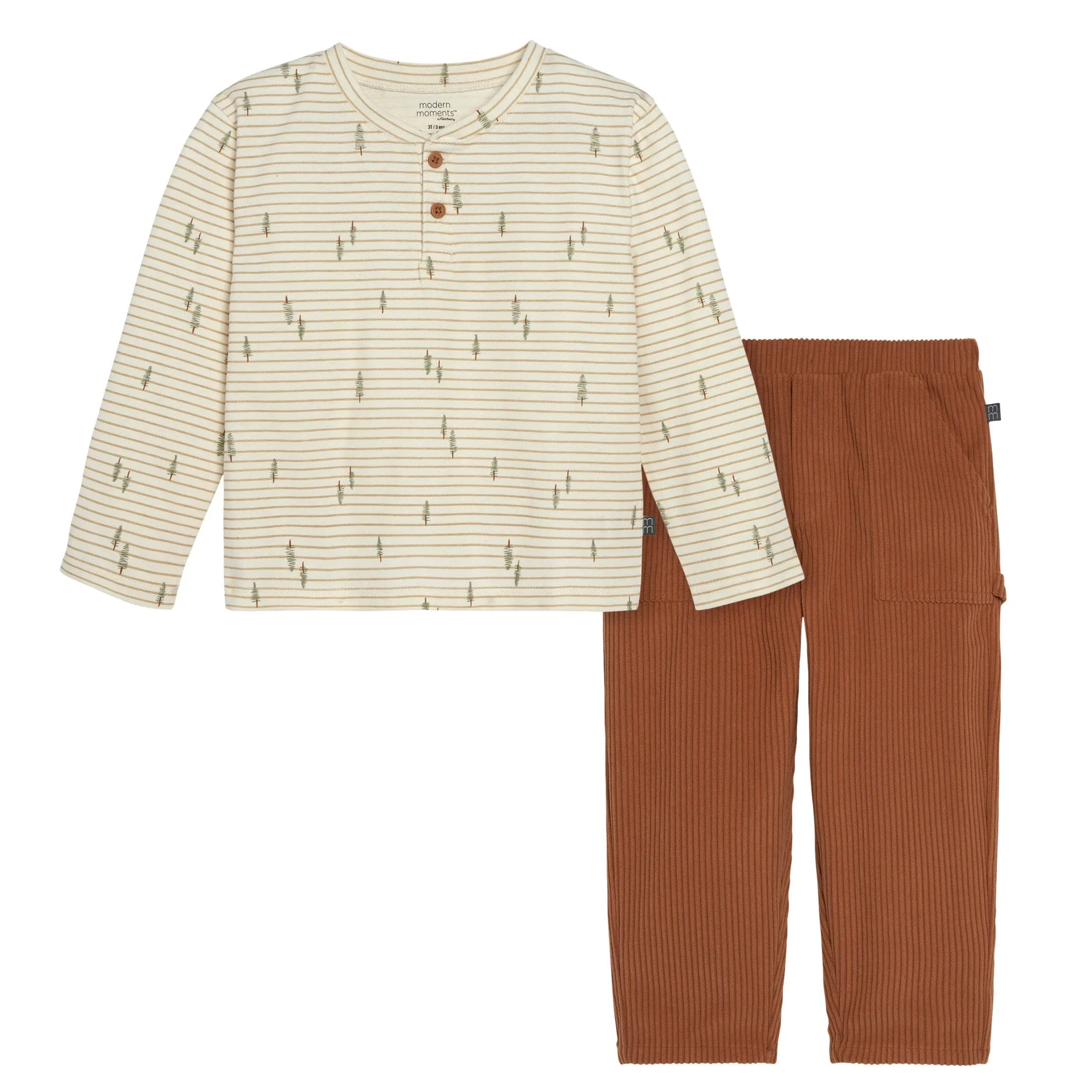 2-Piece Infant & Toddler Boys Light Beige Trees Henley Shirt and Pant Set Gerber Childrenswea