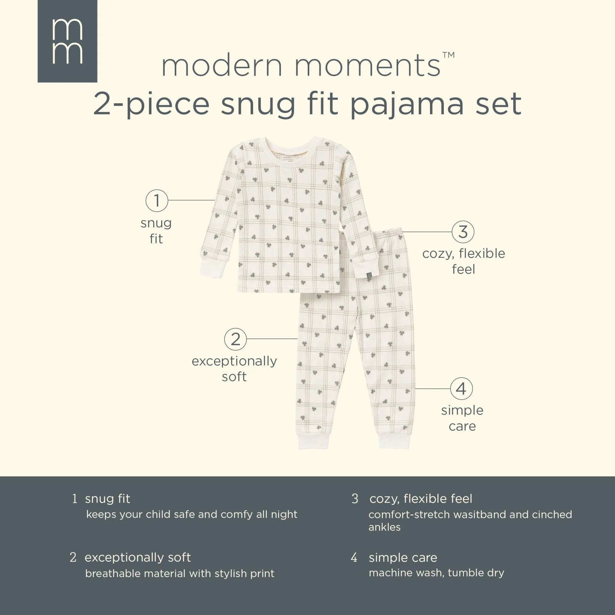 2-Piece Infant & Toddler Neutral Ivory Shamrock Snug Fitting Pajamas Set Gerber Childrenswea
