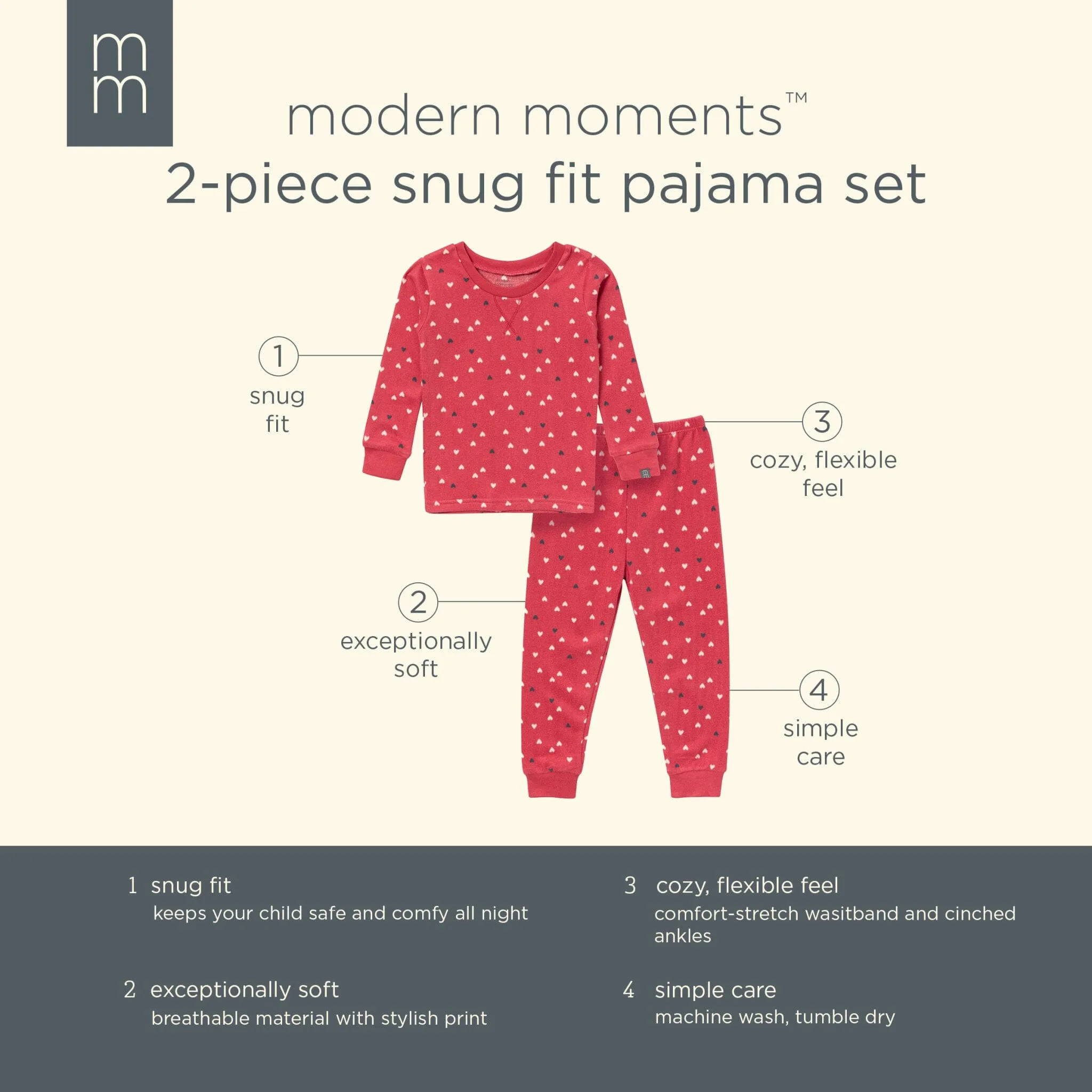 2-Piece Infant and Toddler Neutral Red Hearts Snug Fitting Pajamas Gerber Childrenswea