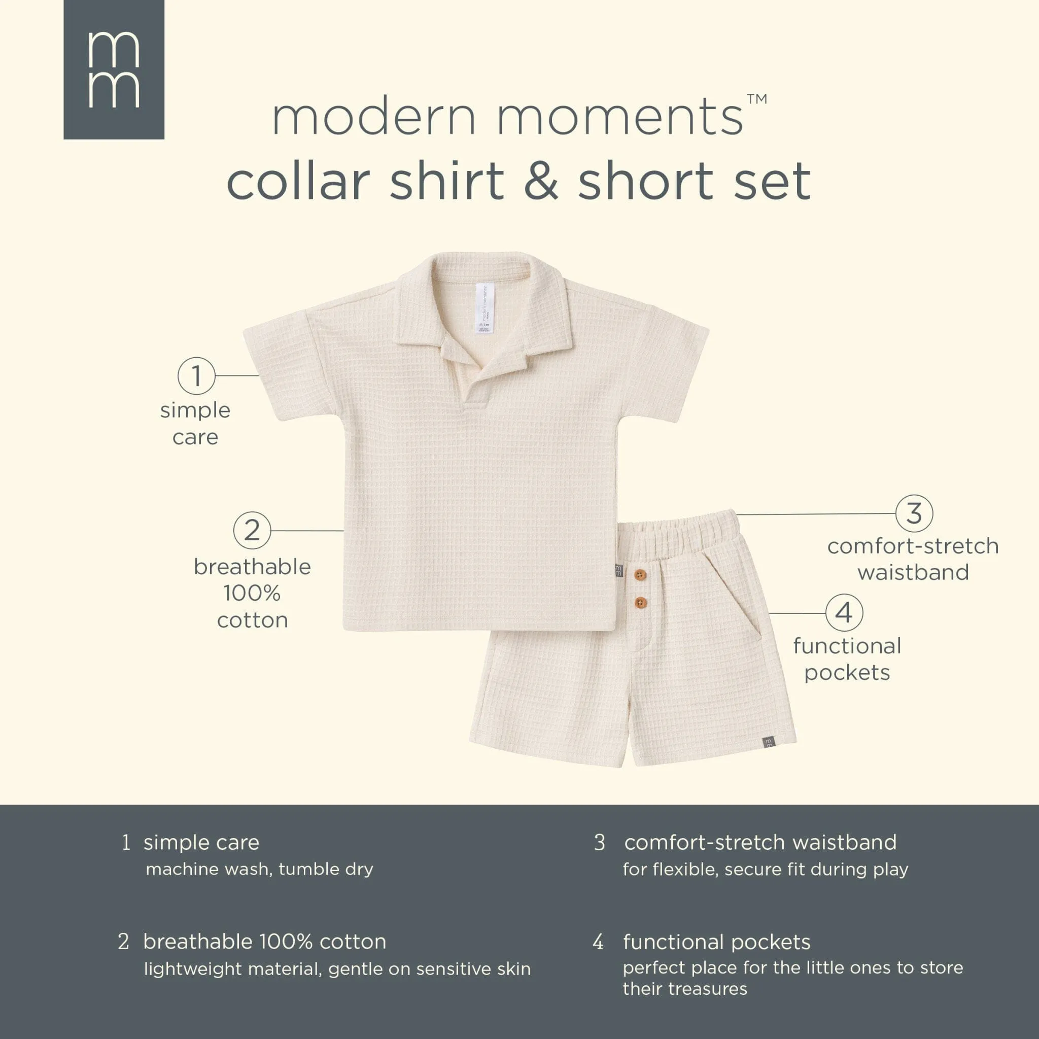 2-Piece Toddler Boys Beige Johnny Collar Shirt and Shorts Set Gerber Childrenswea