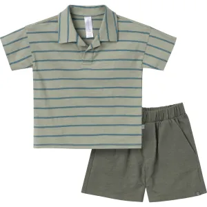 2-Piece Toddler Boys Green Stripe Johnny Collar Shirt and Shorts Set Gerber Childrenswea
