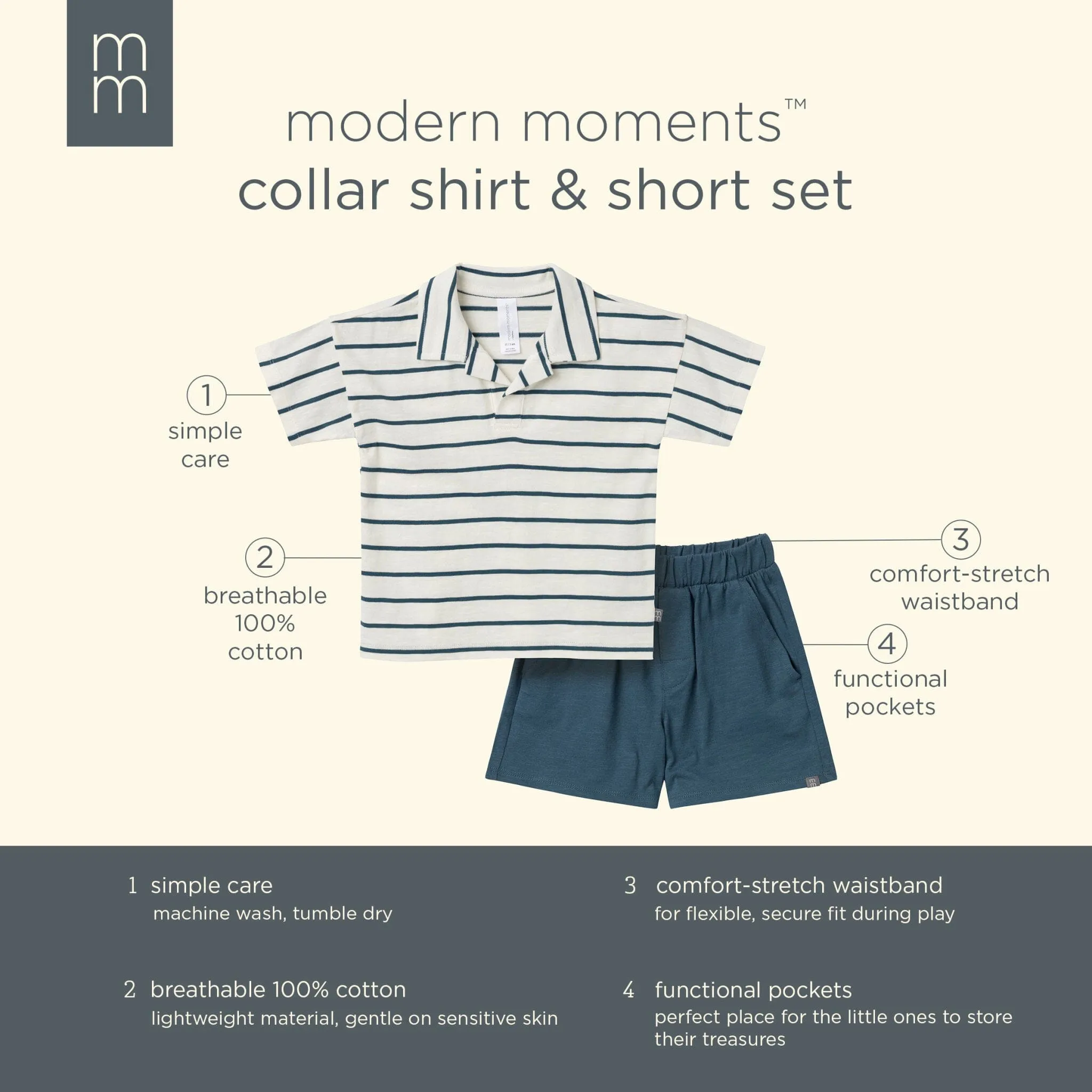 2-Piece Toddler Boys Ivory Stripe Johnny Collar Shirt and Shorts Set Gerber Childrenswea