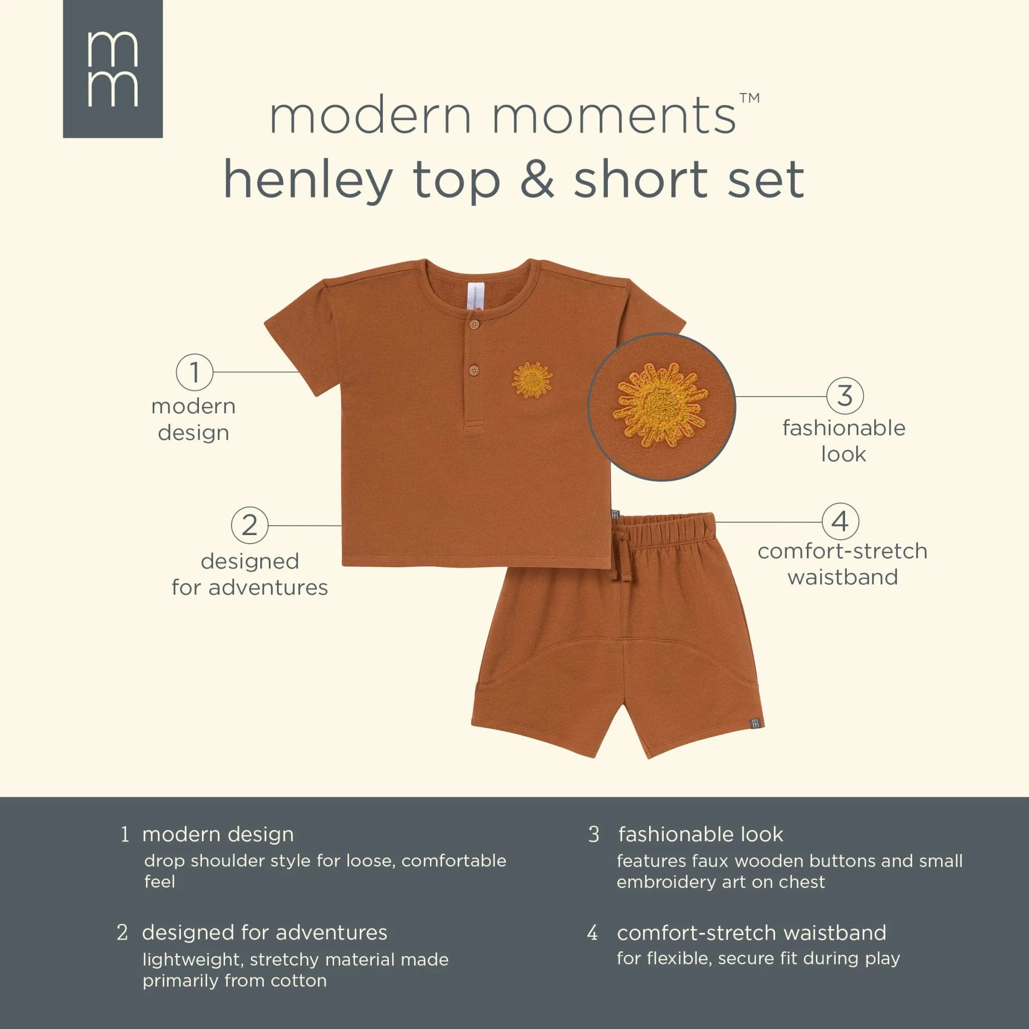 2-Piece Toddler Boys Medium Brown Henley Shirt and Shorts Set Gerber Childrenswea