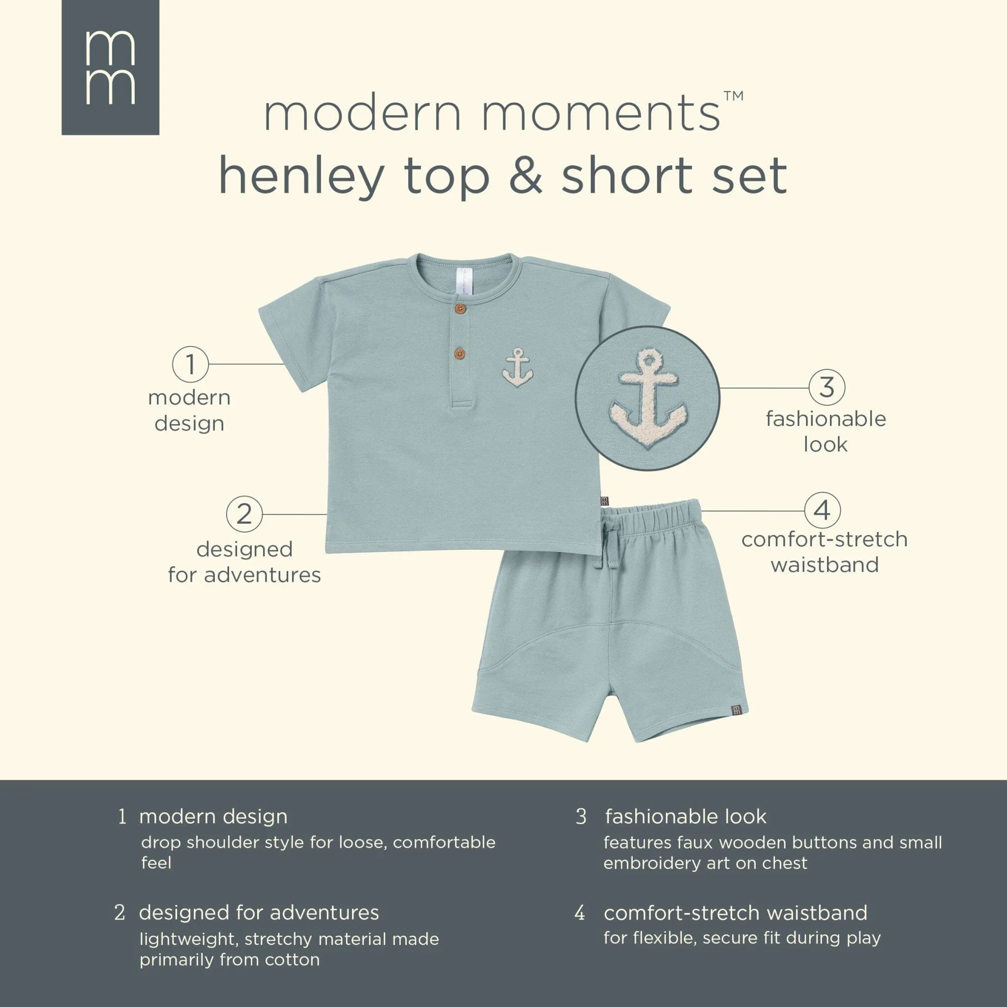 2-Piece Toddler Boys Medium Teal Henley Shirt and Shorts Set Gerber Childrenswea