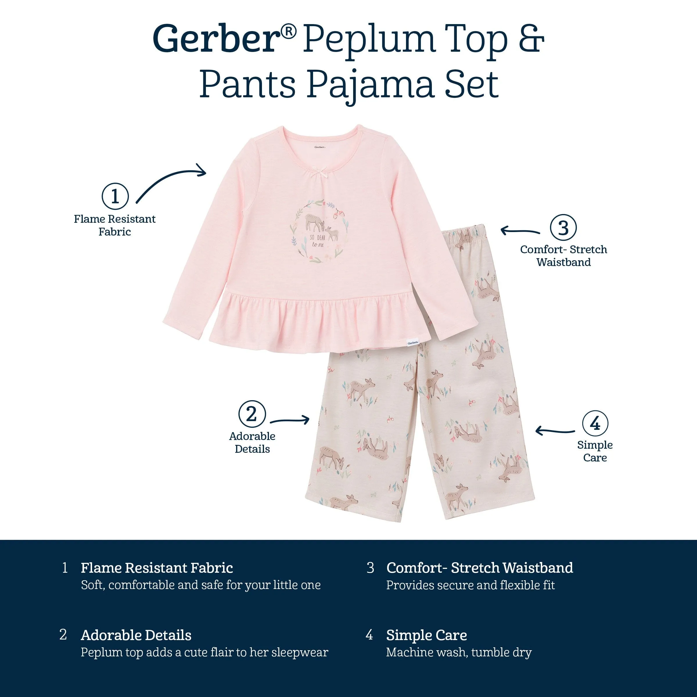 2-Piece Toddler Girls Deer Peplum Pajama Set Gerber Childrenswea