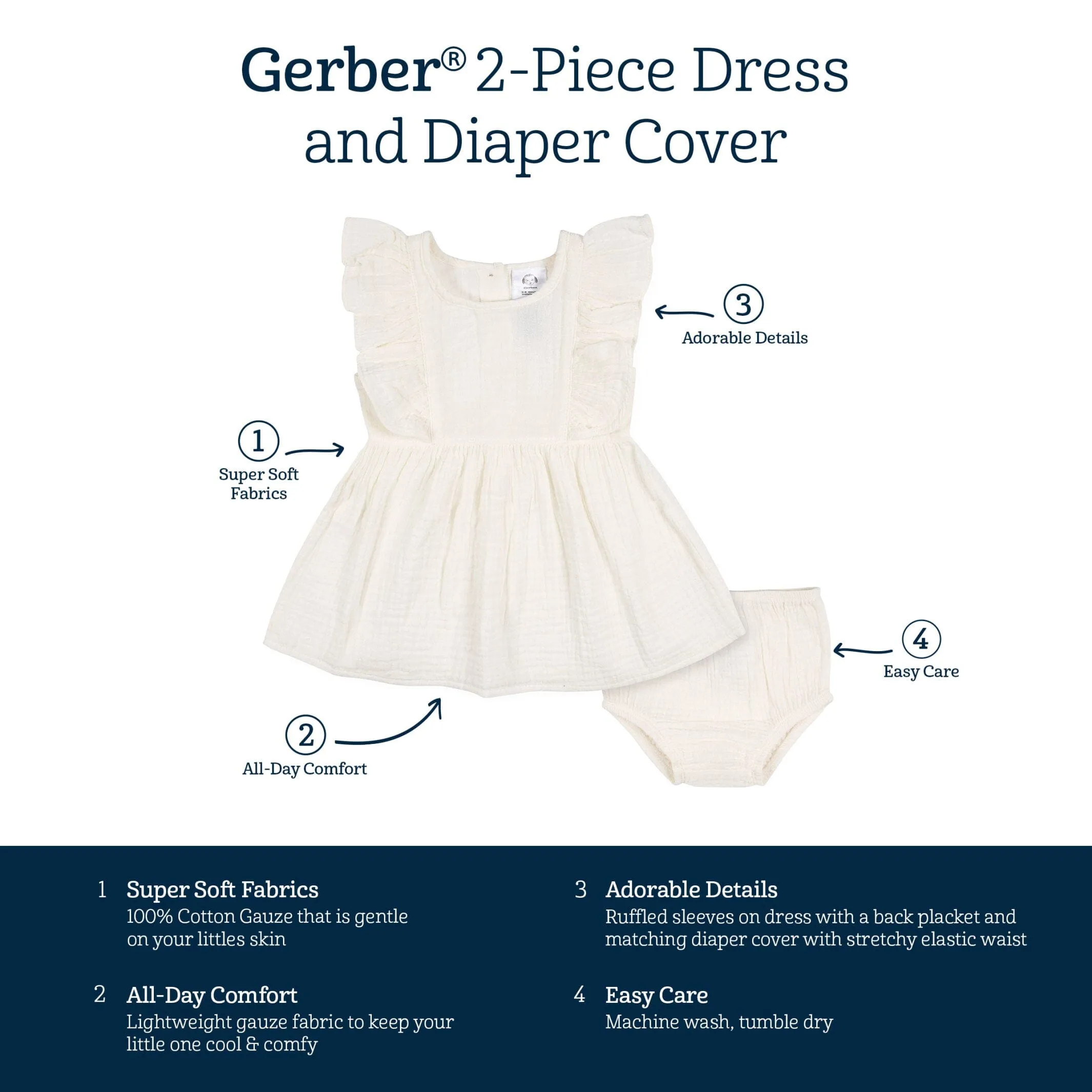 2-Piece Toddler Girls Ivory Gauze Dress & Diaper Cover Set Gerber Childrenswea