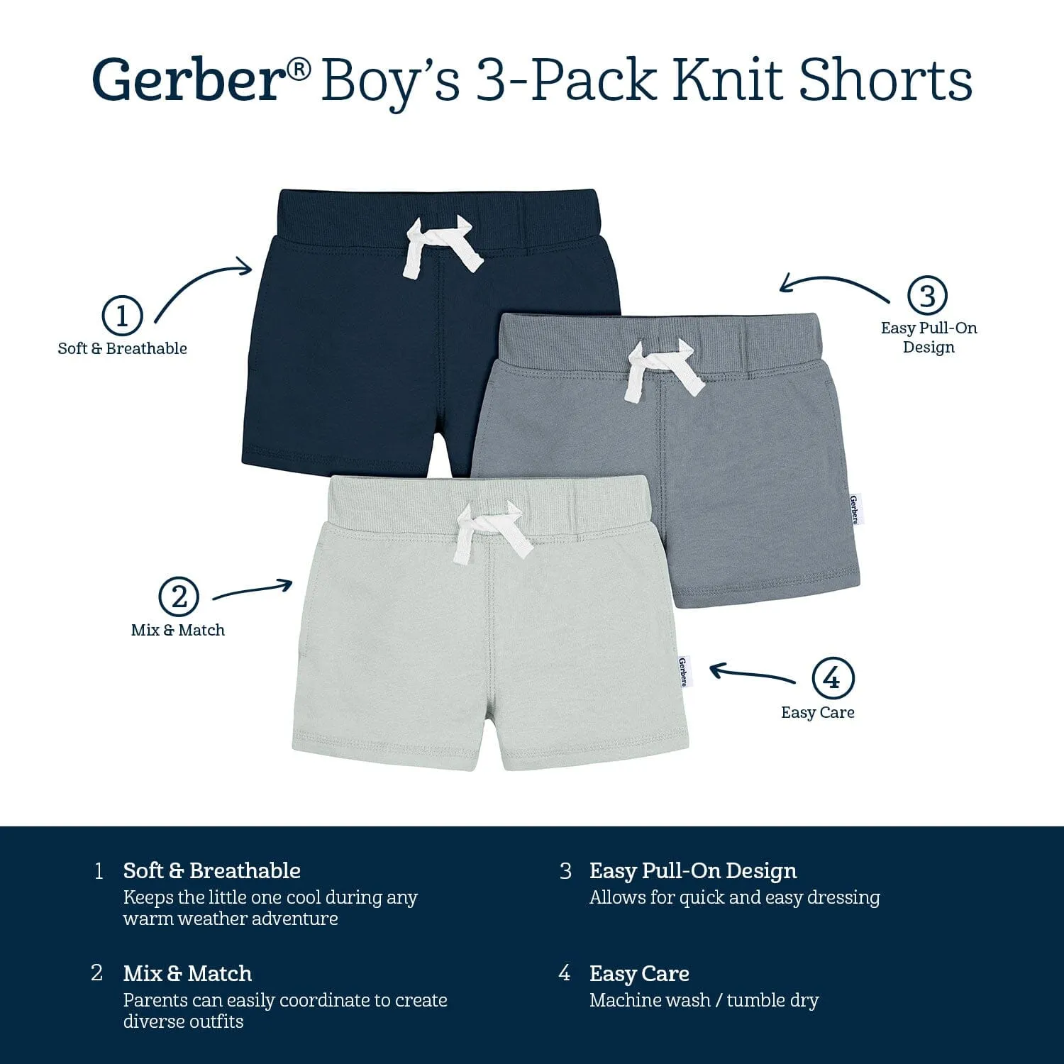 3-Pack Baby & Toddler Boys Blues Knit Shorts Gerber Childrenswea