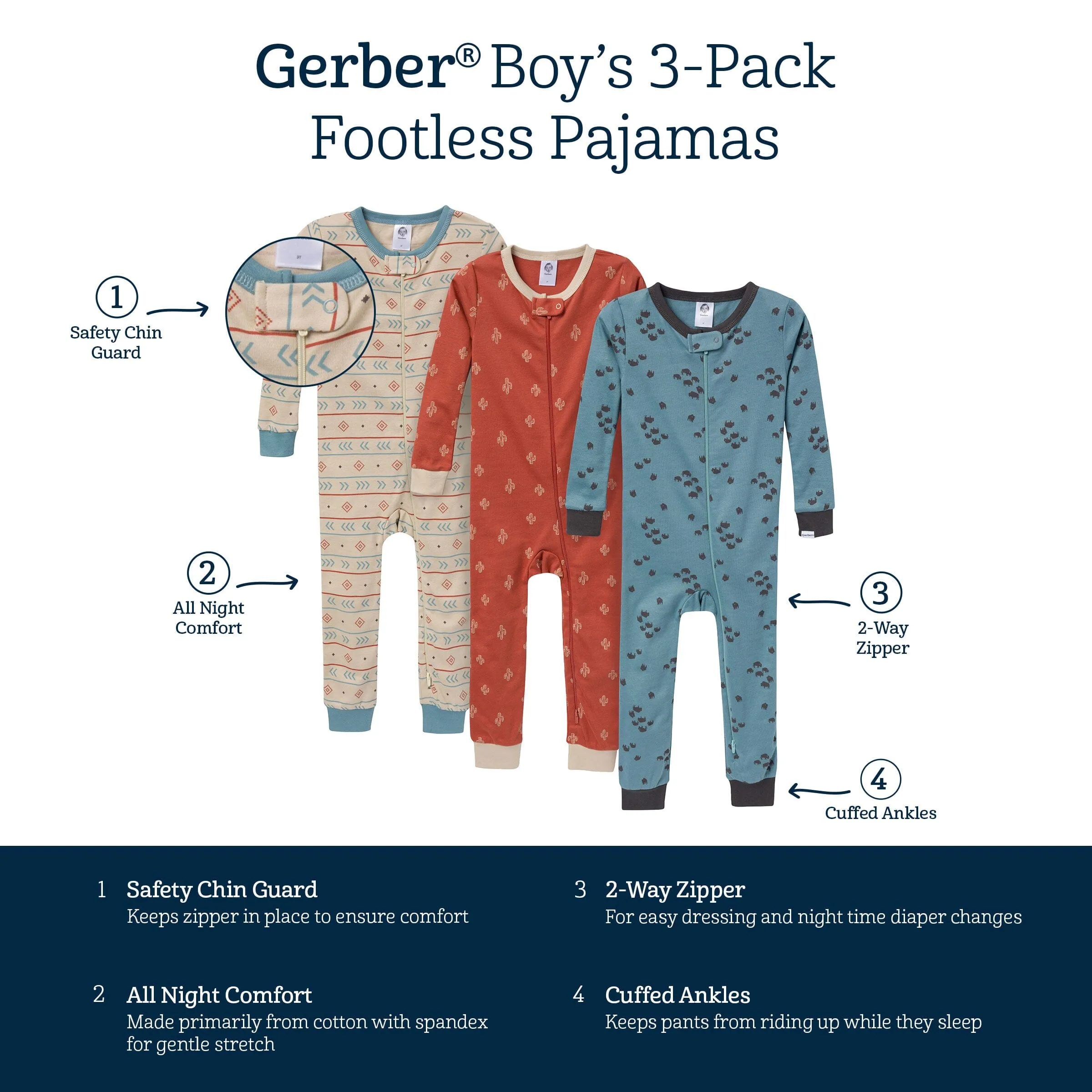 3-Pack Baby & Toddler Boys Buffalo Snug Fit Footless Pajamas Gerber Childrenswea