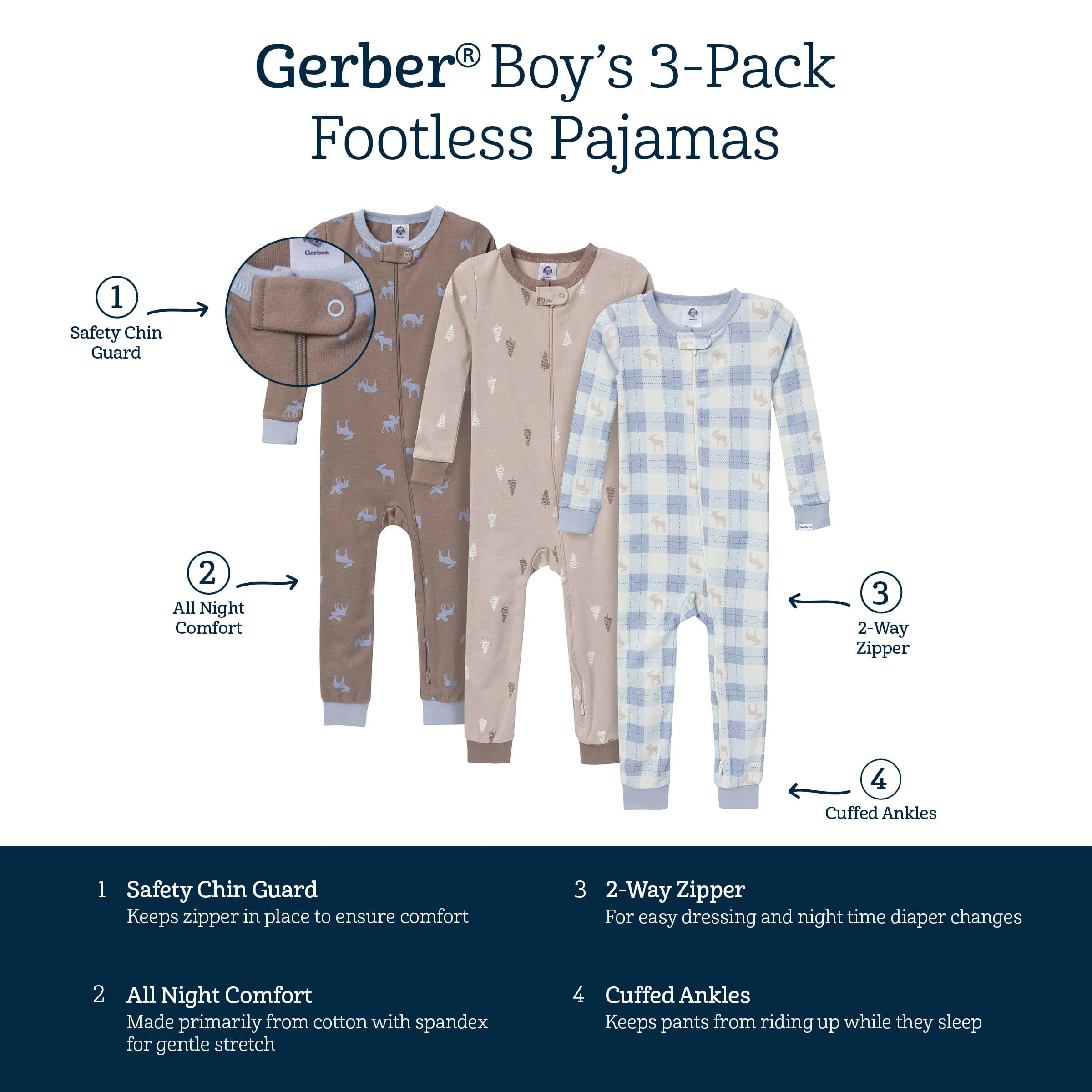 3-Pack Baby & Toddler Boys Moose & Trees Snug Fit Footless Pajamas Gerber Childrenswea