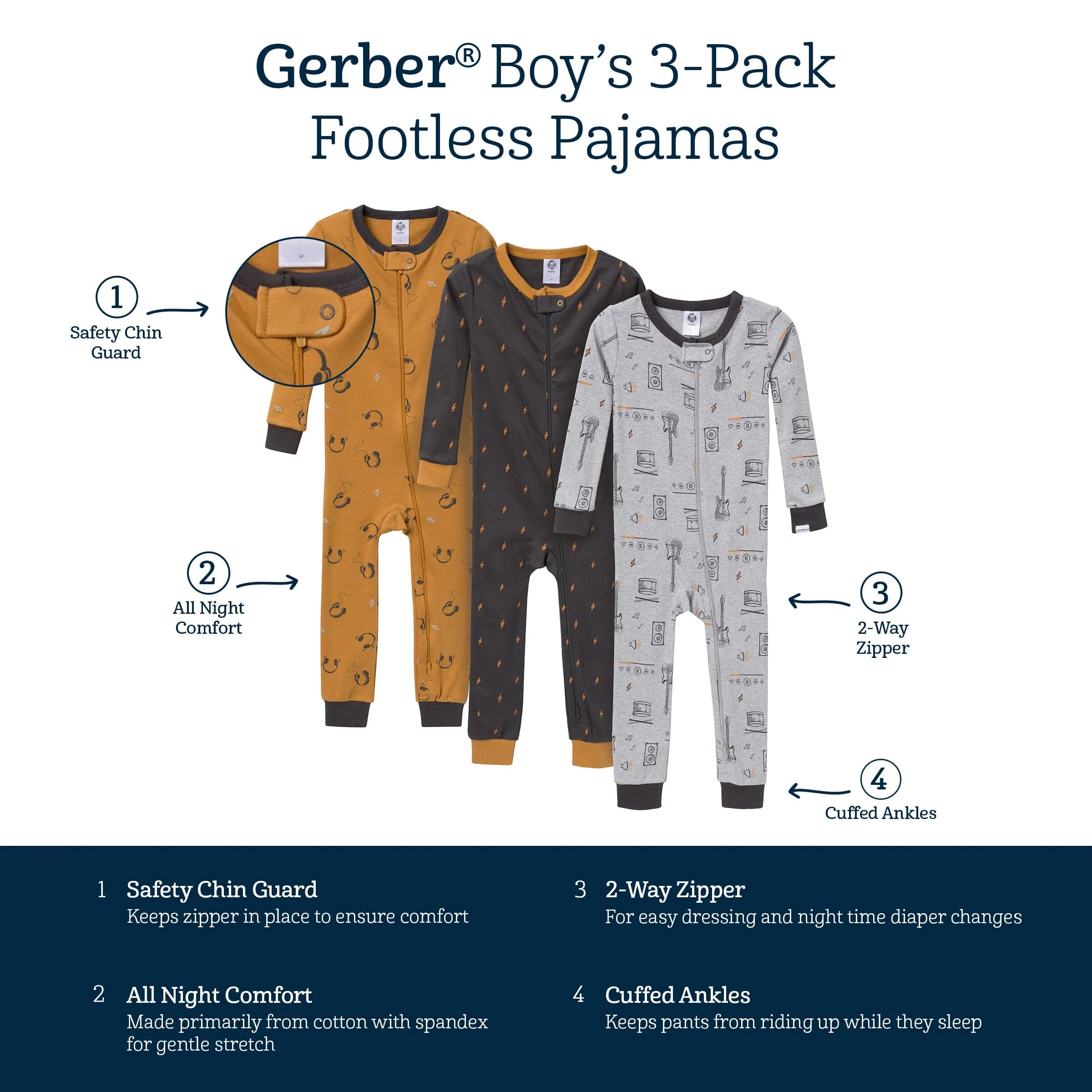 3-Pack Baby & Toddler Boys Music Snug Fit Footless Pajamas Gerber Childrenswea