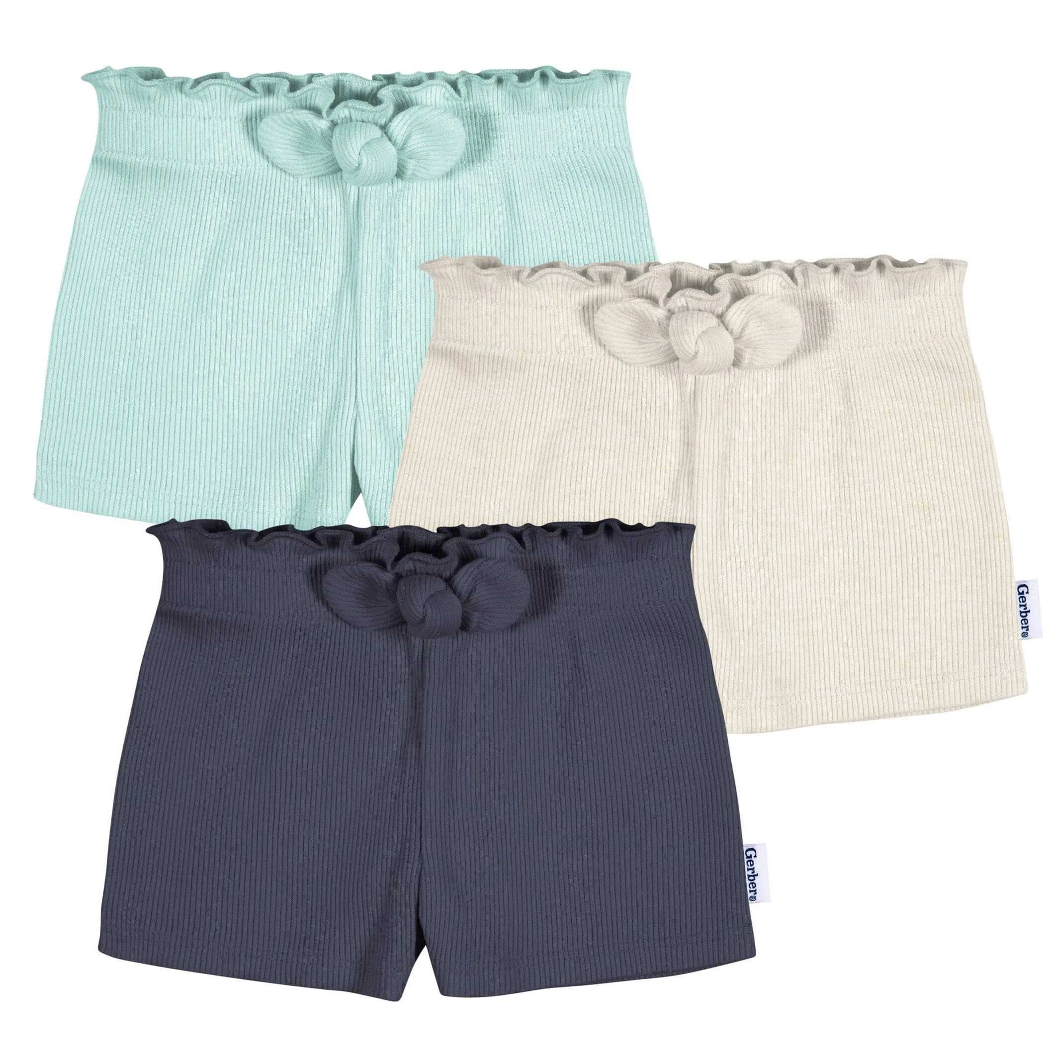 3-Pack Baby & Toddler Girls Aqua, Oatmeal, & Navy Pull-On Knit Shorts Gerber Childrenswea