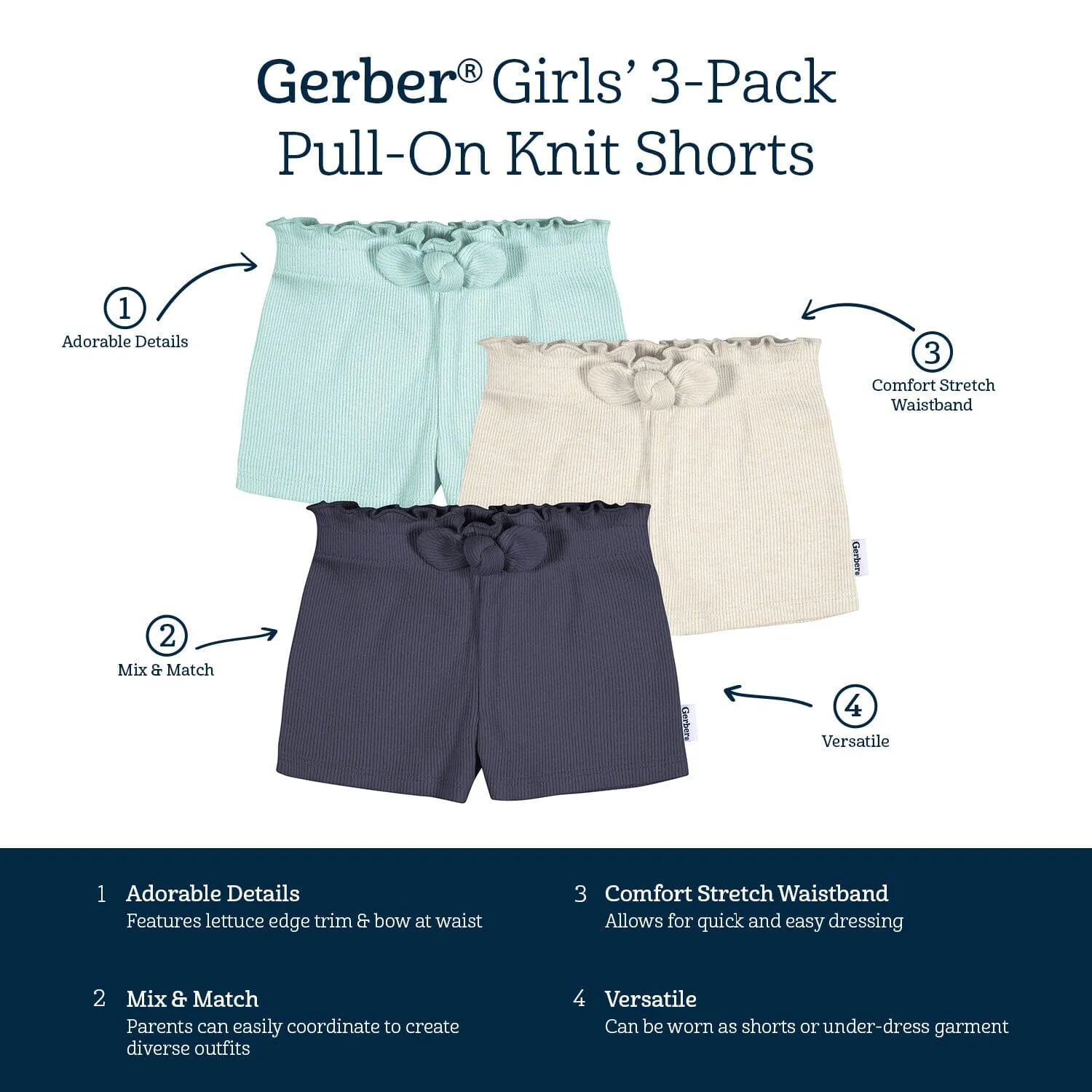 3-Pack Baby & Toddler Girls Aqua, Oatmeal, & Navy Pull-On Knit Shorts Gerber Childrenswea