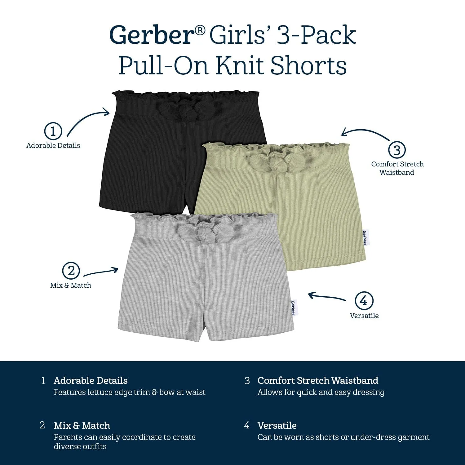 3-Pack Baby & Toddler Girls Black, Green, & Grey Heather Pull-On Knit Shorts Gerber Childrenswea