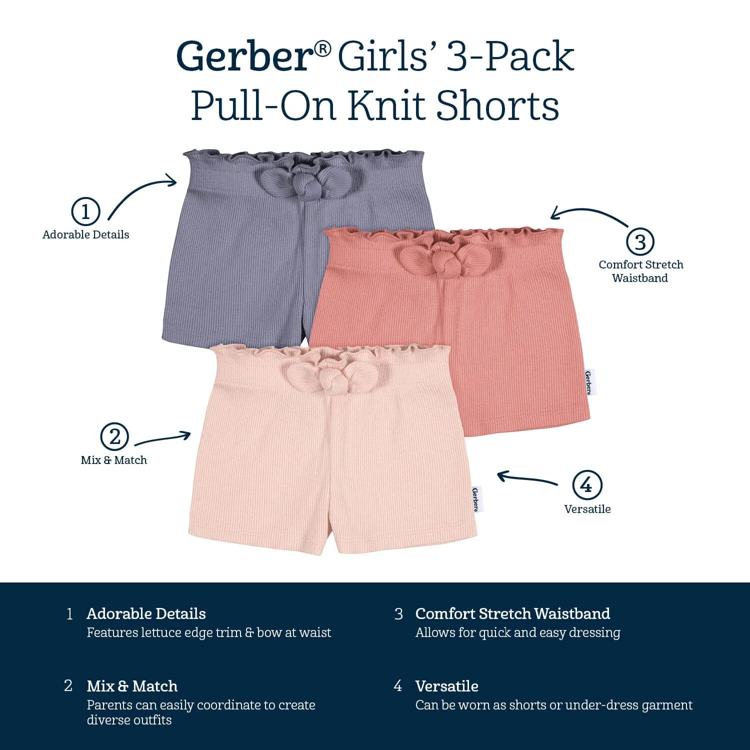 3-Pack Baby & Toddler Girls Blue & Pinks Pull-On Knit Shorts Gerber Childrenswea