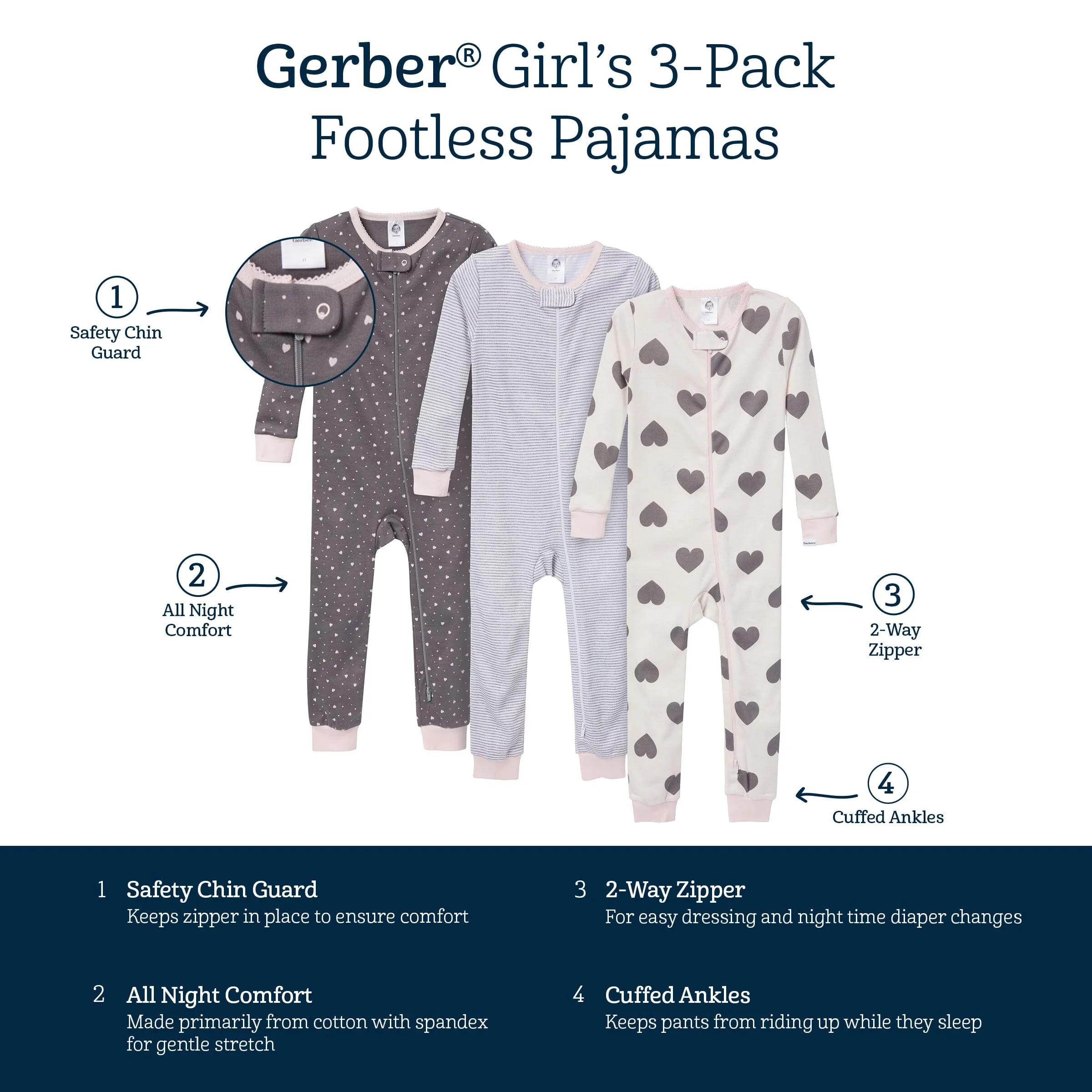 3-Pack Baby & Toddler Girls Hearts Snug Fit Footless Pajamas Gerber Childrenswea