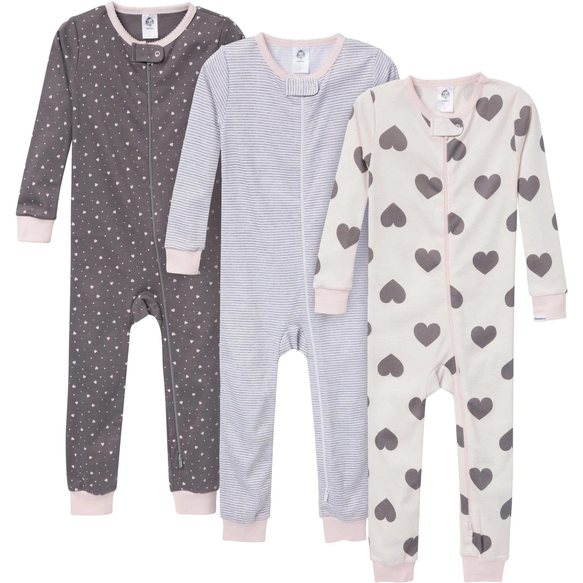 3-Pack Baby & Toddler Girls Hearts Snug Fit Footless Pajamas Gerber Childrenswea