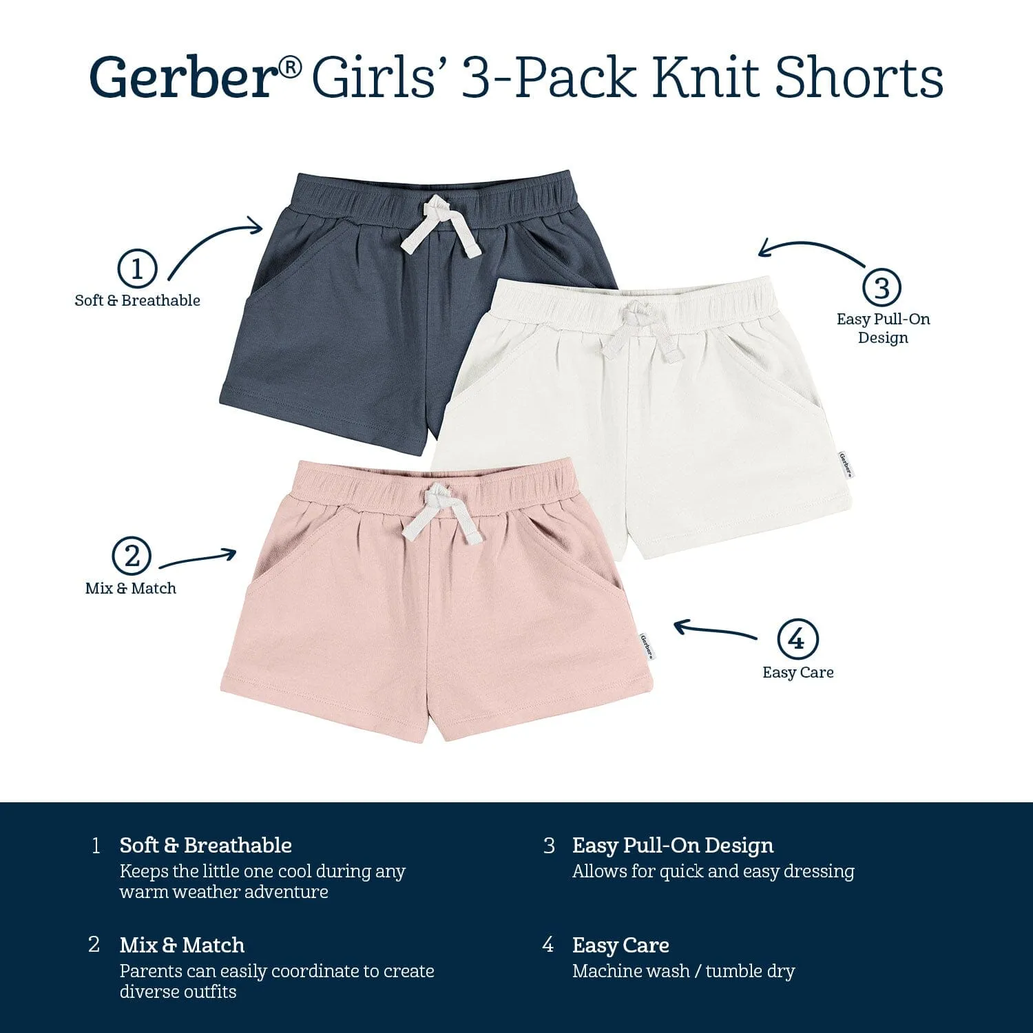 3-Pack Baby & Toddler Girls Navy, White, & Pink Knit Shorts Gerber Childrenswea