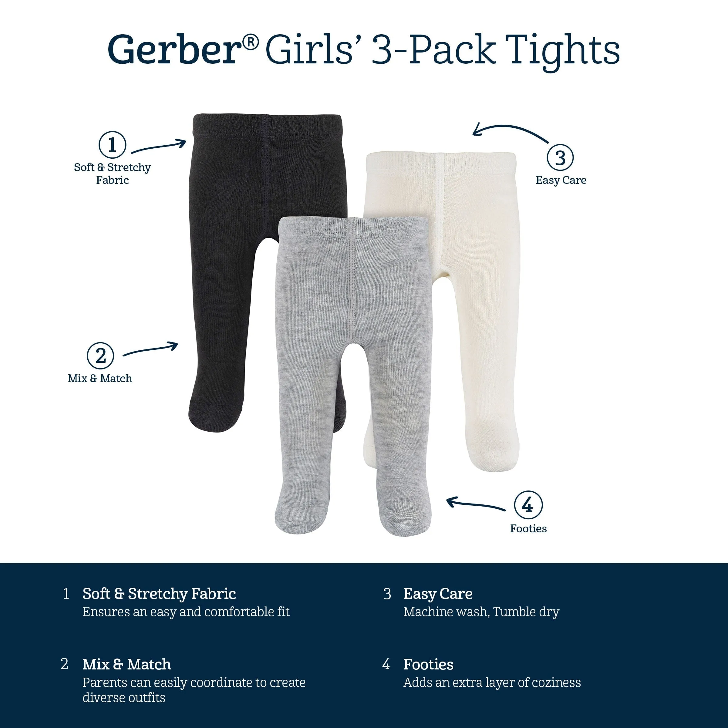3-Pack Baby and Toddler Girls Black, Ivory, & Grey Heather Tights Gerber Childrenswea