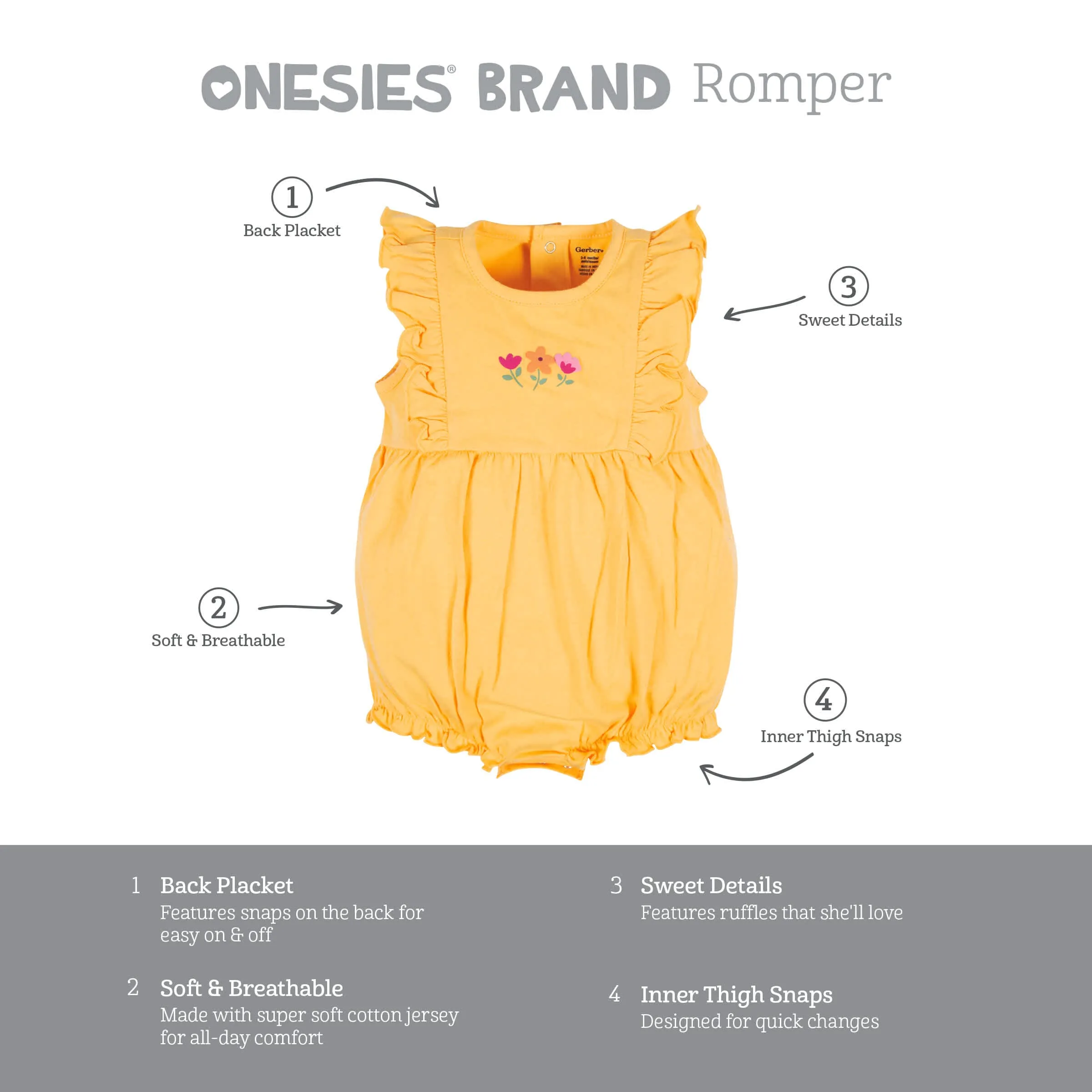 3-Pack Baby Girls Floral Fox Rompers Gerber Childrenswea