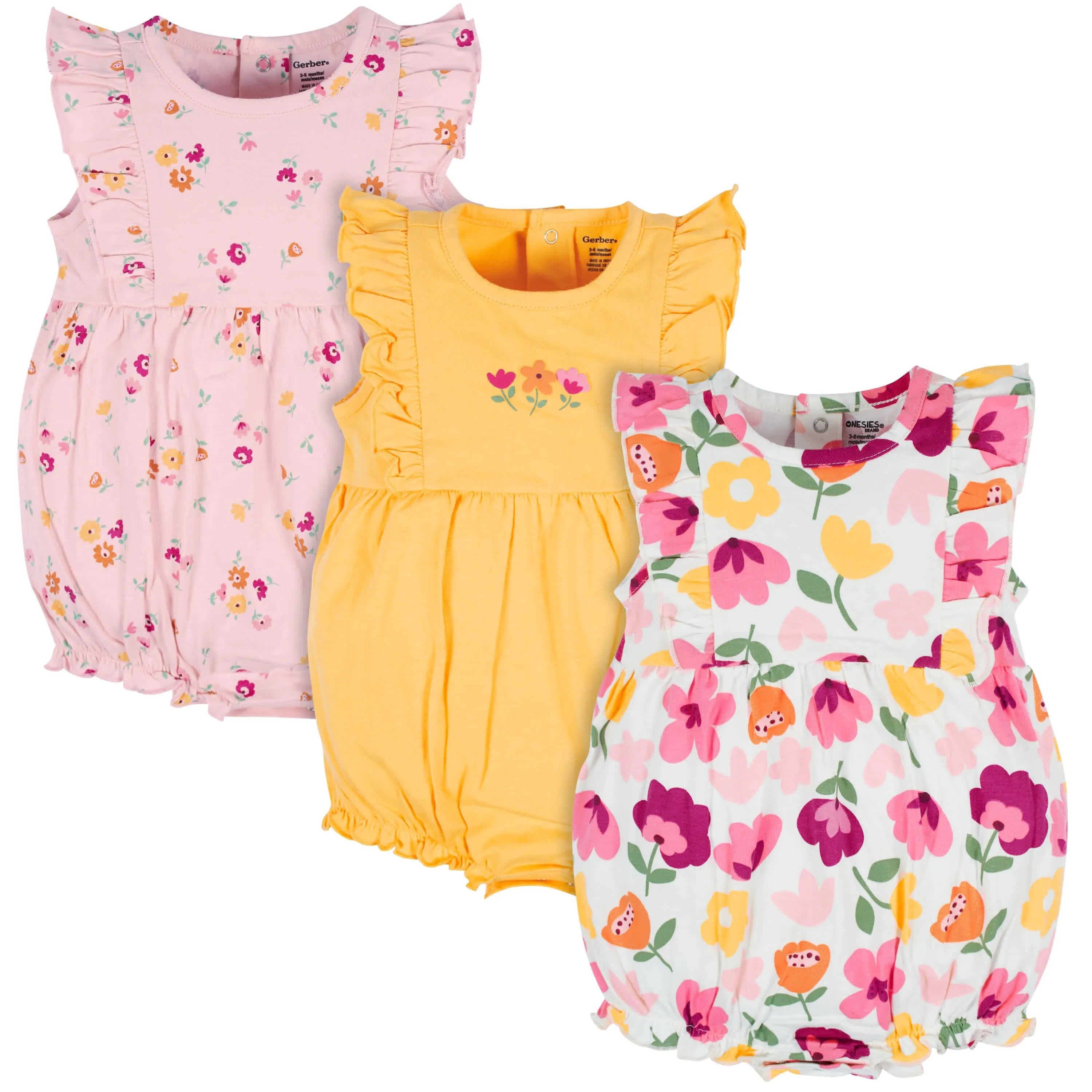 3-Pack Baby Girls Floral Fox Rompers Gerber Childrenswea