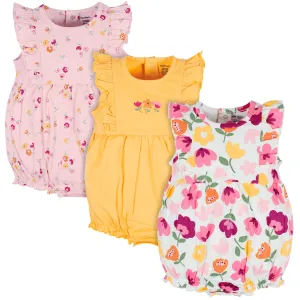 3-Pack Baby Girls Floral Fox Rompers Gerber Childrenswea
