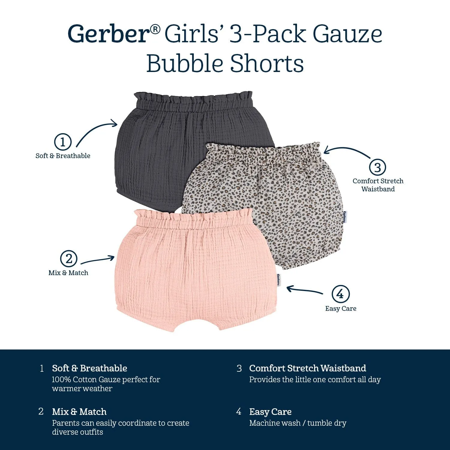 3-Pack Baby Girls Grey, Leopard, & Pink Gauze Bubble Shorts Gerber Childrenswea
