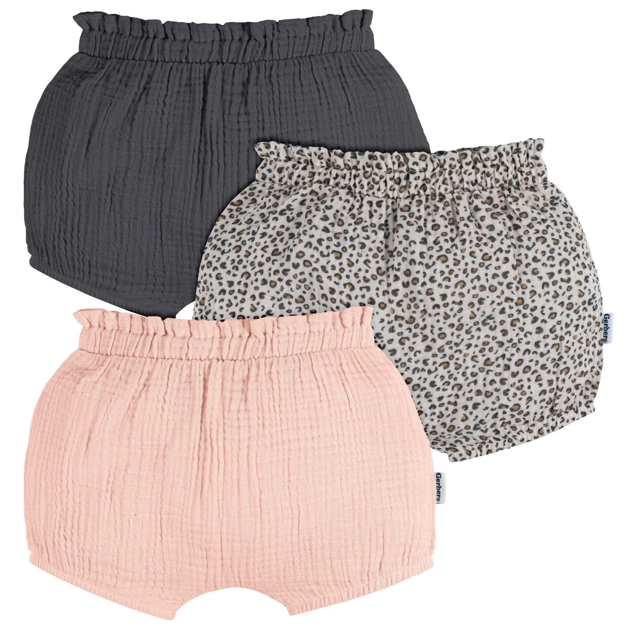 3-Pack Baby Girls Grey, Leopard, & Pink Gauze Bubble Shorts Gerber Childrenswea