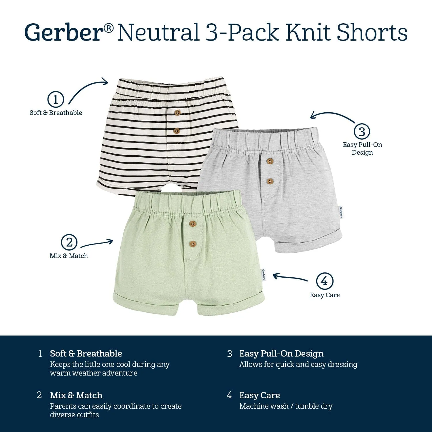 3-Pack Baby Neutral Black Stripe, Light Grey Heather, & Green Knit Shorts Gerber Childrenswea