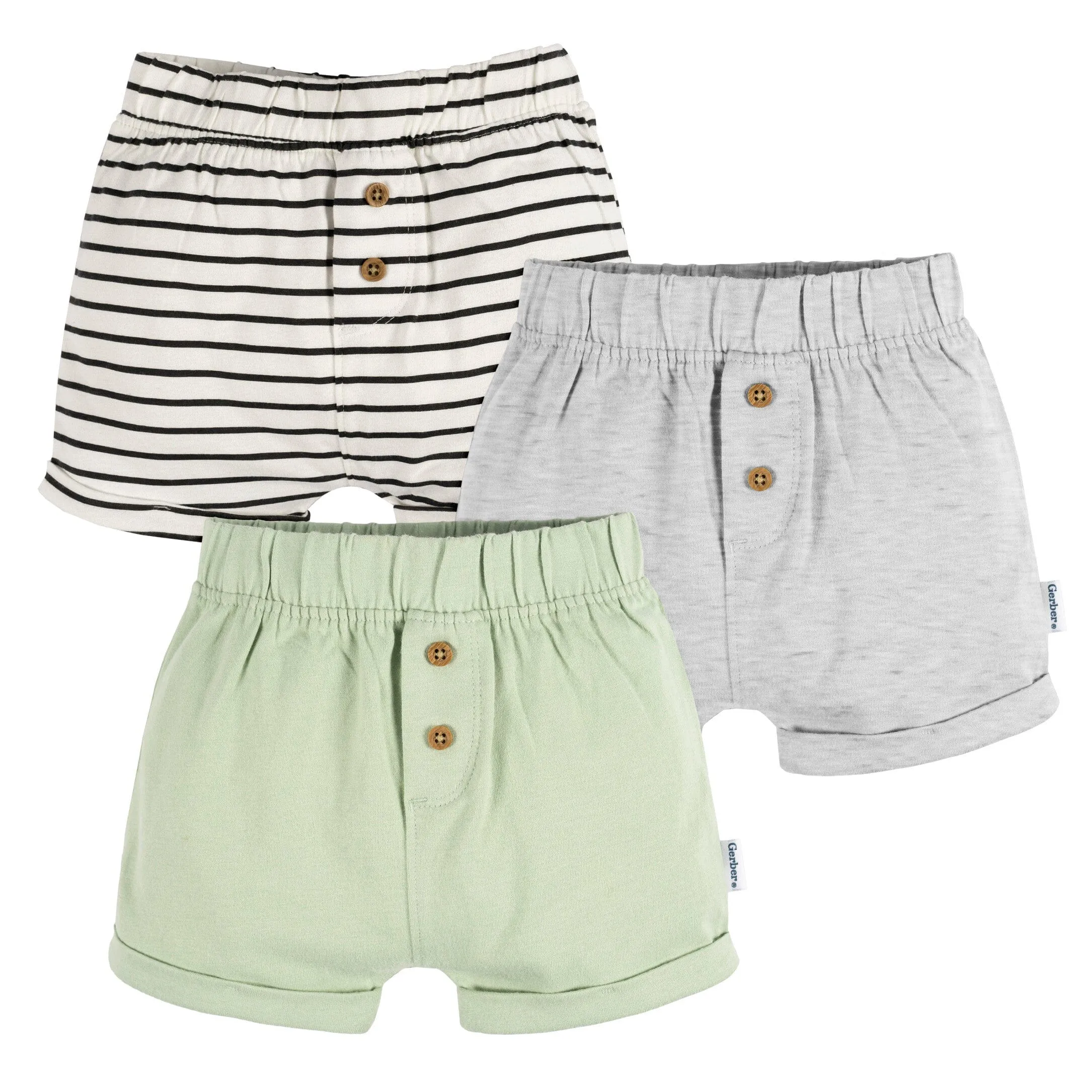 3-Pack Baby Neutral Black Stripe, Light Grey Heather, & Green Knit Shorts Gerber Childrenswea